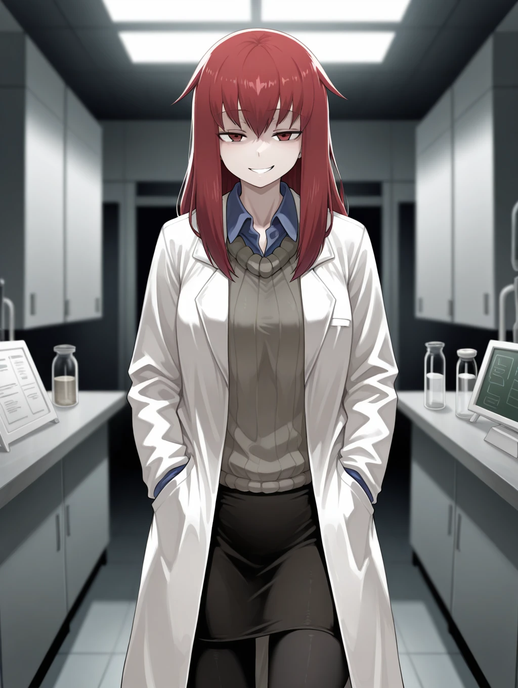 1girl, solo, Promestein, red hair, long hair,  red eyes, labcoat, looking at viewer, grin, hands on pockets, collared shirt, sweater, black skirt, black pantyhose,

laboratory,

masterpiece, best quality,amazing quality, very aesthetic, absurdres, depth of field, blurry background, dark, extremely detailed face, detailed eyes, dark colors