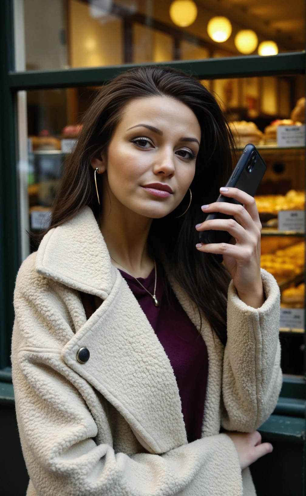 An amateur smartphone photo of a 23yo woman Michelle_Keegan standing outside a Parisian patisserie early in the morning, the various pastries visible and tempting through the large window . Light make-up, detailed skin, bokeh, female focus, (SFW)<lora:Michelle_Keegan:1>