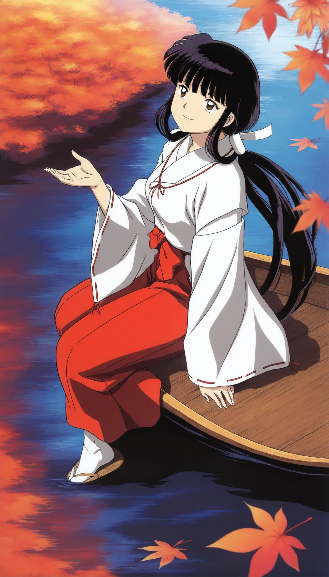 masterpiece,best quality,amazing quality,<lora:kikyoIL:1>,
oykik,
1girl, solo, black hair, bangs, low ponytail, white scrunchie, brown eyes, looking up, smile, miko outfit, red ribbon necklace, red hakama, white socks, straw sandals, full body, sitting, on rowboat, left hand on leg, right hand on rowboat, outdoors, river, maple leaf
soft lighting,