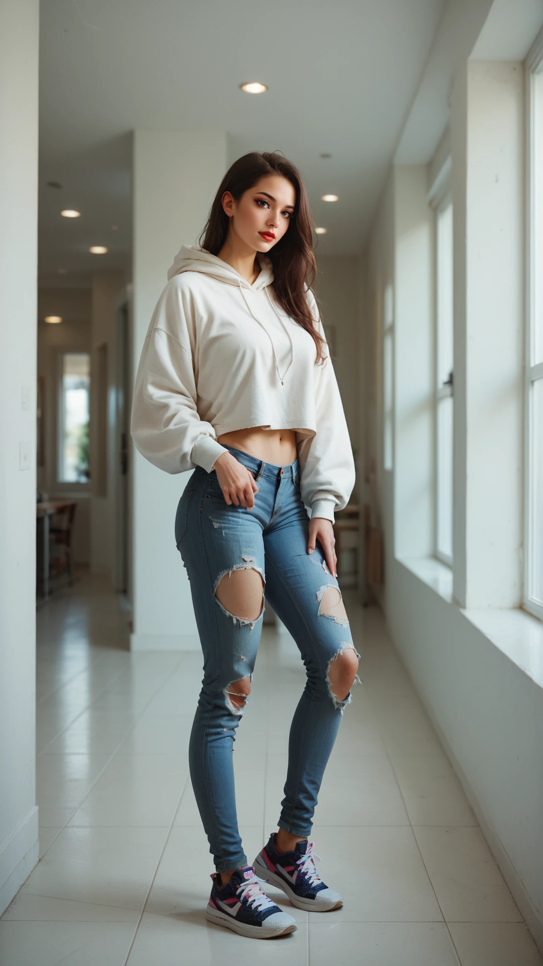 score_9, score_8_up, score_7_up, score_6_up, score_5_up, score_4_up, a woman, Jed-cslstwr, Casual Streetwear,  Oversized white hoodie, ripped jeans, sneakers, bare midriff,  standing, interior, posing   <lora:CasualStreetwear:1>