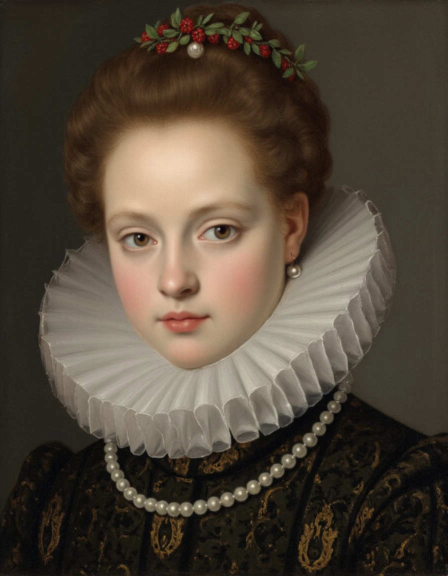 FS. This is a detailed, high-resolution photograph of a classical oil painting. The painting depicts a young woman with fair, light skin and bright, expressive brown eyes. Her hair is styled in an intricate updo, adorned with a garland of small, red flowers and leaves, adding a touch of elegance. She is dressed in a period-appropriate, high-collared gown of dark, rich brocade with intricate black and gold patterns. The dress features a white ruff collar, typical of 16th-century attire, which adds a soft, ruffled texture to her neckline. 
A delicate, white string of pearls adorns her neck, providing a contrast to the dark tones of her dress. <lora:Former_Splendor:1>