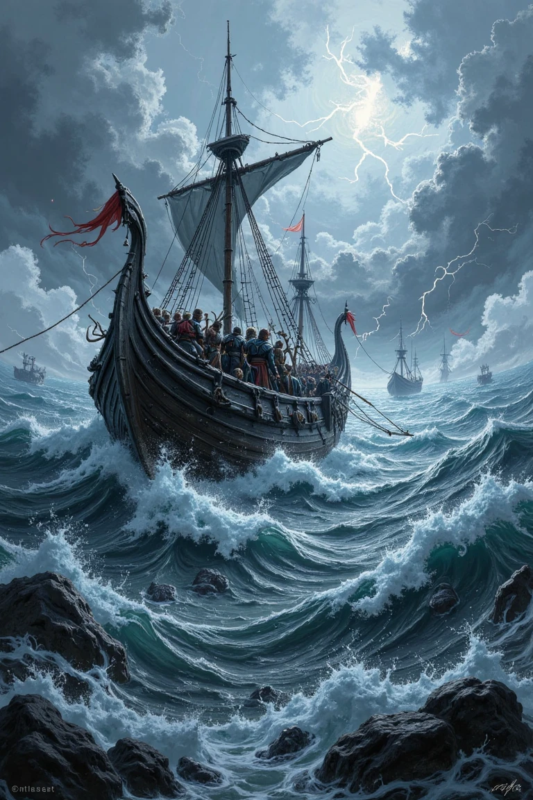 A Viking longship navigating a stormy sea, with lightning illuminating the fierce waves and warriors ready for battle on the deck.,north_rest