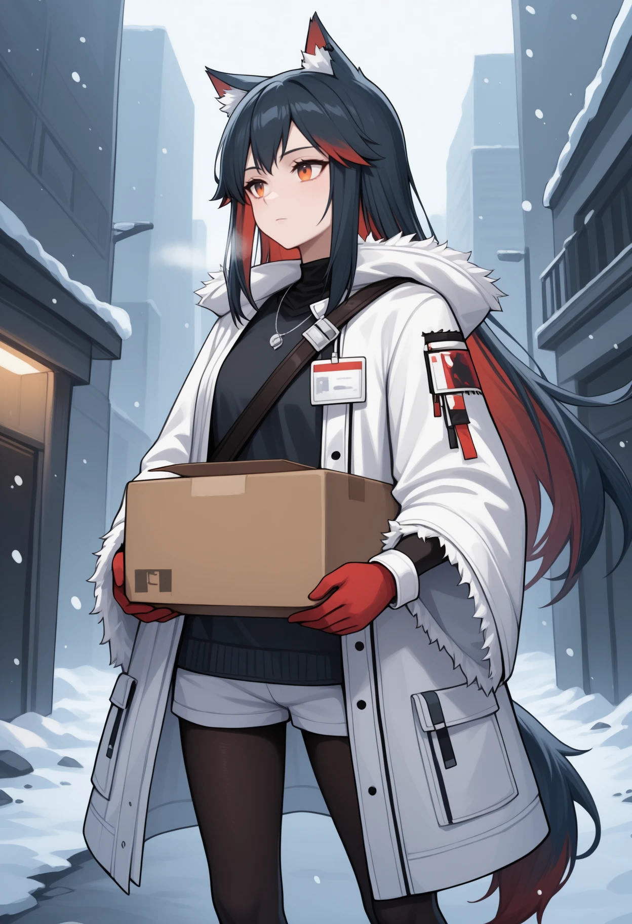 masterpiece, best quality, <break> solo, 1girl, txswinter, wolf tail, expressionless, looking away, standing, holding box, two-handed, cardboard box, long hair, multicolored hair, black hair, red hair, animal ears, animal ear fluff, orange eyes, fur trim, white coat, fur-trimmed coat, open coat, id card, long sleeves, wide sleeves, fur-trimmed sleeves, black shirt, red gloves, white shorts, black pantyhose, necklace, shoulder strap, outdoors, snowing, city street, rock, debris
<segment:yolo-Anzhc Face seg 640 v2 y8n.pt,0.4,0.5//cid=1>