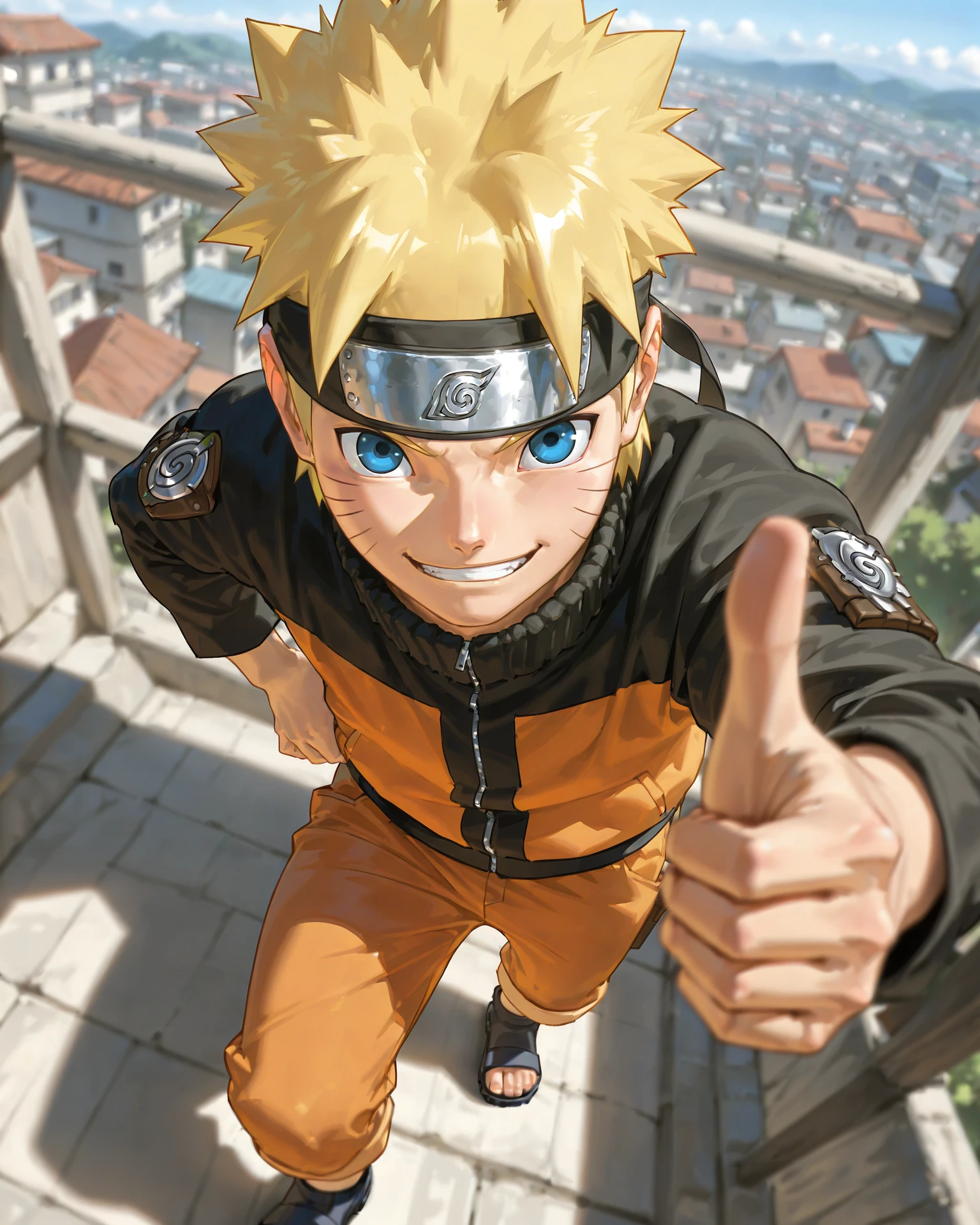 masterpiece, best quality, amazing quality, absurdres, newest, 8k, scenery, very aesthetic,
<lora:IllustriousNaruto:1>, Naruto, 1boy, konohagakure symbol, whisker markings, jacket, depth of field, thumbs up, from above, happy, blond hair, blue eyes, spiked hair, solo, orange pants, headband 
masterpiece, best quality, amazing quality, absurdres, newest, 8k, scenery, very aesthetic,