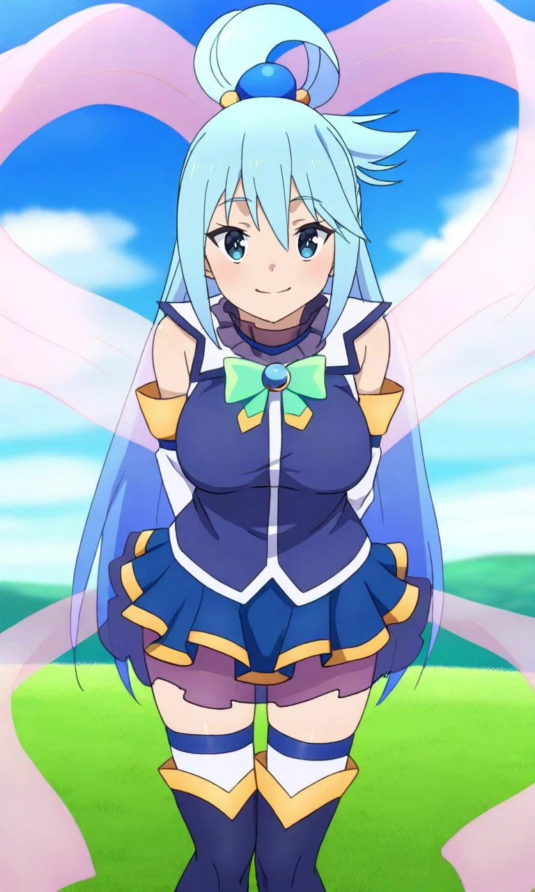 masterpiece, best quality, high resolution, absurdres, solo, 1girl, aqua_(konosuba), blue_eyes, blue_hair, very_long_hair, single_hair_ring, medium_breasts, hair_ornament, blue_dress, green_bowtie, detached_sleeves, white_sleeves, bare_shoulders, white_thighhighs, thighhighs_under_boots, thigh_boots, blue_skirt, blue_footwear, hagoromo, grass, outdoors, sky, smile, looking_at_viewer, arms_behind_back, leaning_forward, facing_viewer,