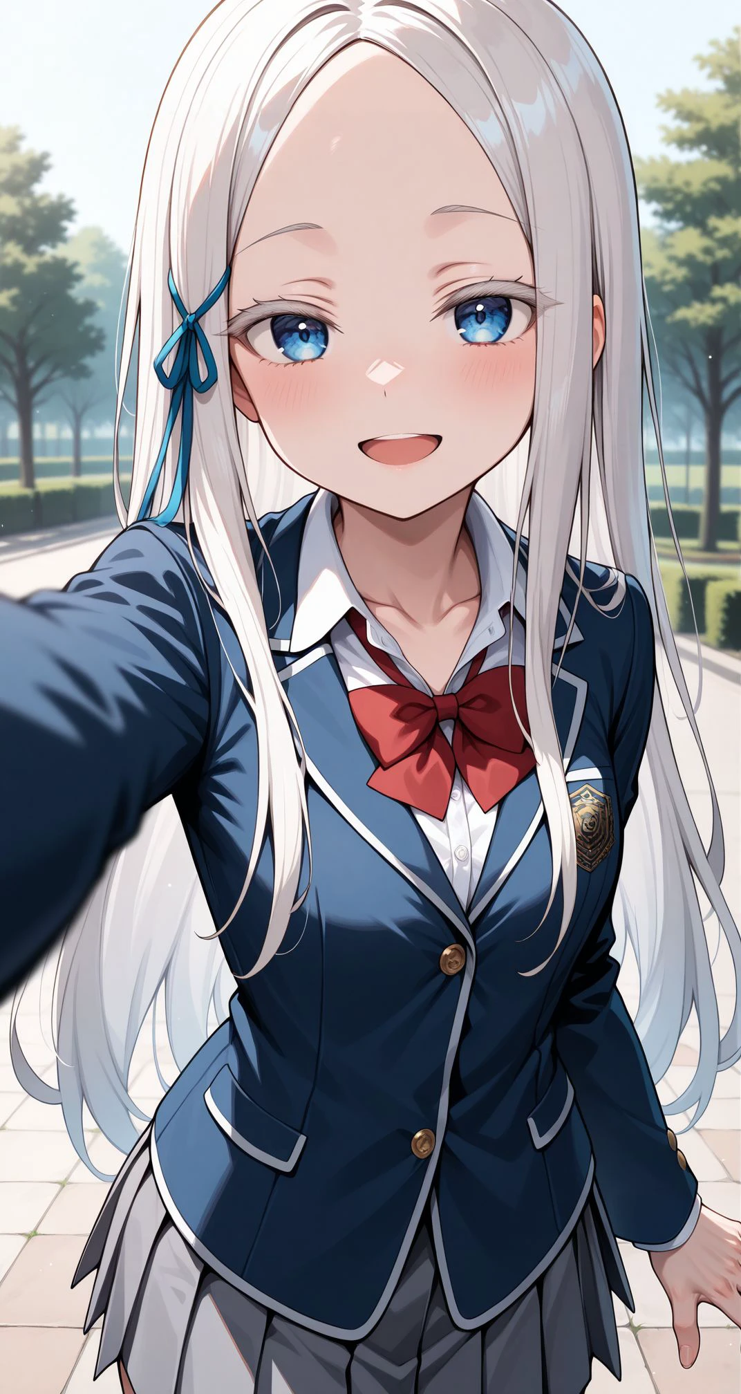 (masterpiece, best quality), amazing quality, very aesthetic, absurdres,
 <lora:Pandora:0.8> 1girl, white hair, long hair, forehead,collarbone, parted bangs, hair ribbon, blue eyes, blue ribbon,  school uniform, red bowtie, collared shirt, blazer, blue jacket, long sleeves, pleated skirt, grey skirt, reaching out, park, smile, open mouth,