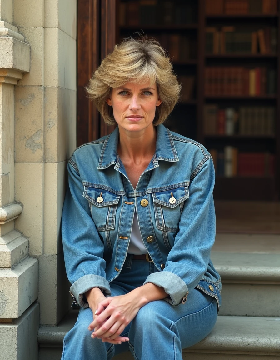 woman, ladydiana, Sitting on the steps of an old library wearing a denim jacket, <lora:ladydiana:1>