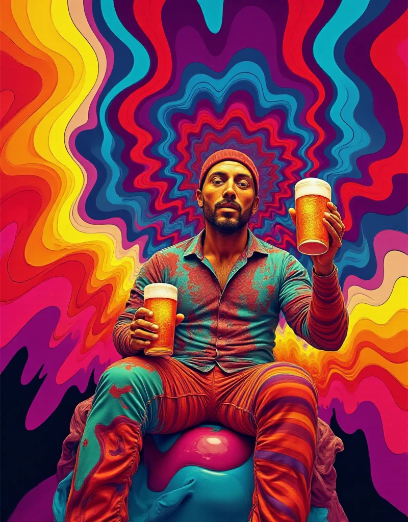 <lora:Psychedelic_style:0.9> psychedelic style, a man holds a beer