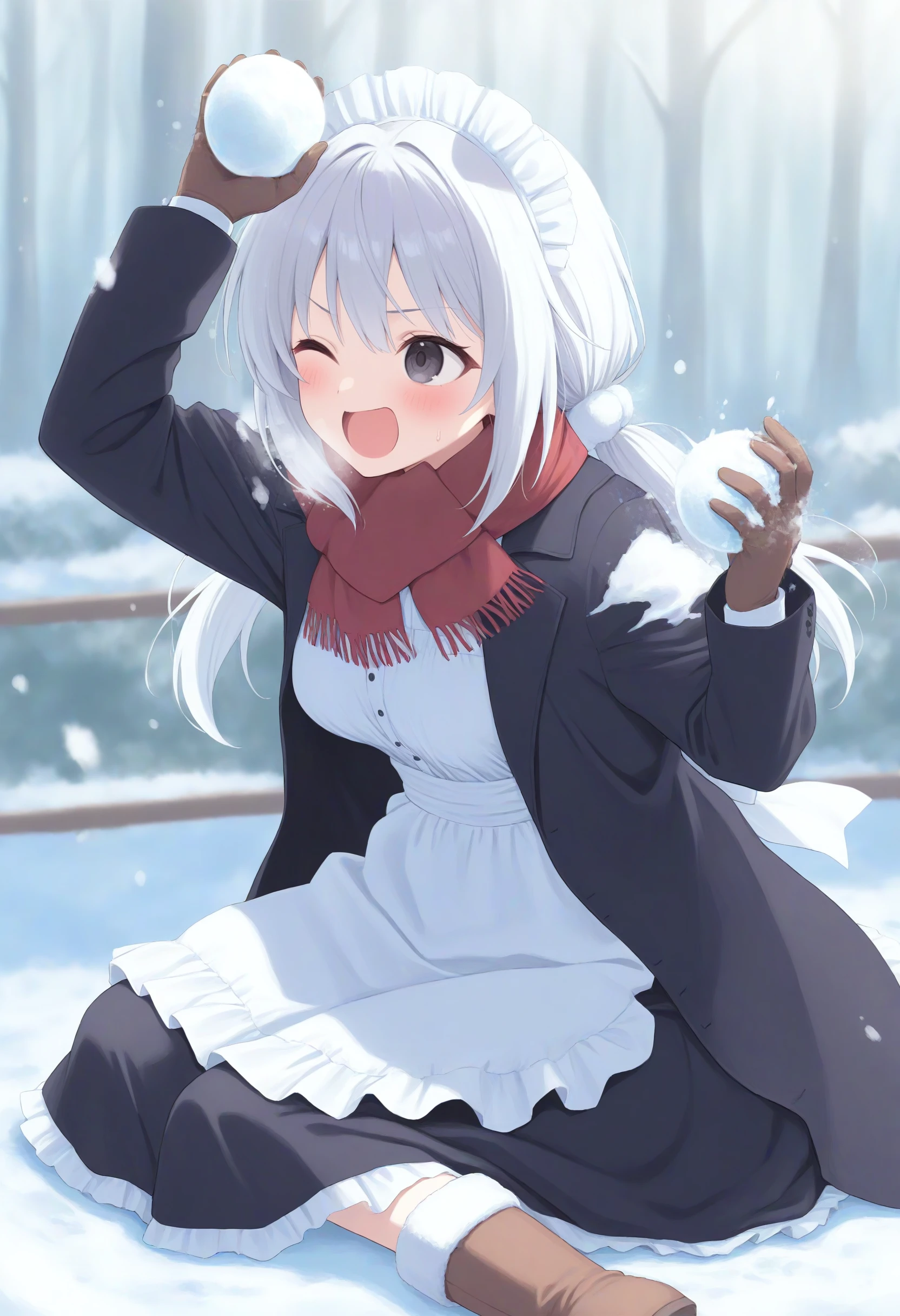 1girl,(sho \(sho lwlw\):0.7),(toosaka asagi:0.5),(sincos:0.3),solo,
masterpiece, best quality, newest, absurdres, CG, anime, source anime, illustration,
maid, maid headdress,medium breasts,
snowball fight, snowball, snow, snowing, outdoors,
winter, winter clothes, open coat, boots, gloves,  coat,  scarf, long sleeves, blush, breath,
one eye closed, sitting, holding,  <lora:snowballfight_Illust_v1:0.8>
from side, portrait, looking away, silver hair, black eyes,anguish, open mouth, low twintails hair,