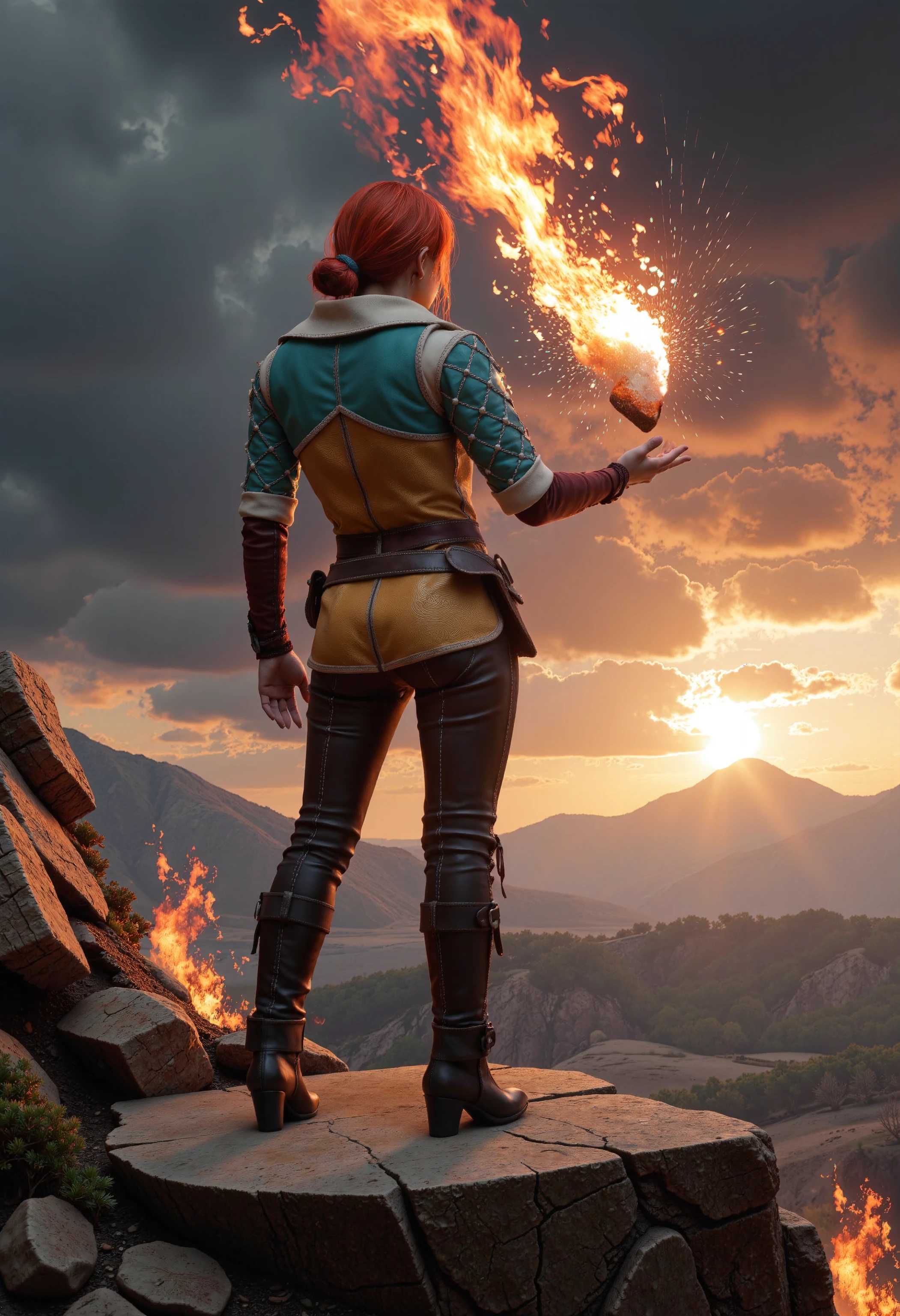 Photorealistic image of Triss Merigold summoning a rain of fire from the top of a mountain.
The landscape looks hellish and on fire.