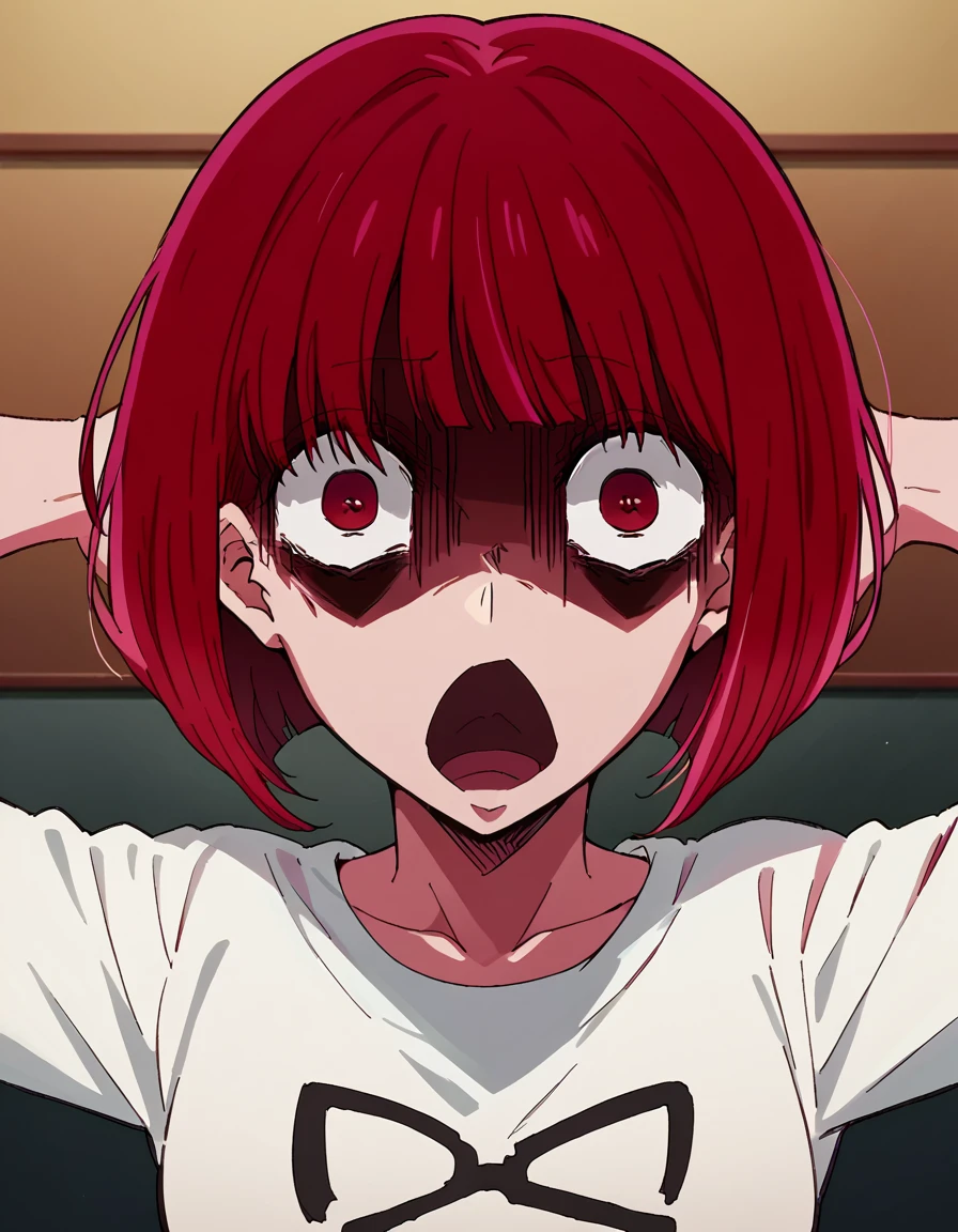 score_9, score_8_up, score_7_up, source_anime, kanaarima, <lora:kana-arima-s1-ponyxl-lora-nochekaiser:1>, kana arima, short hair, bangs, red eyes, red hair, bob cut,, <lora:shocked-black-guy-ponyxl-lora-nochekaiser:1> shocked black guy, open mouth, looking at viewer, hands behind head, shaded face,, , ,