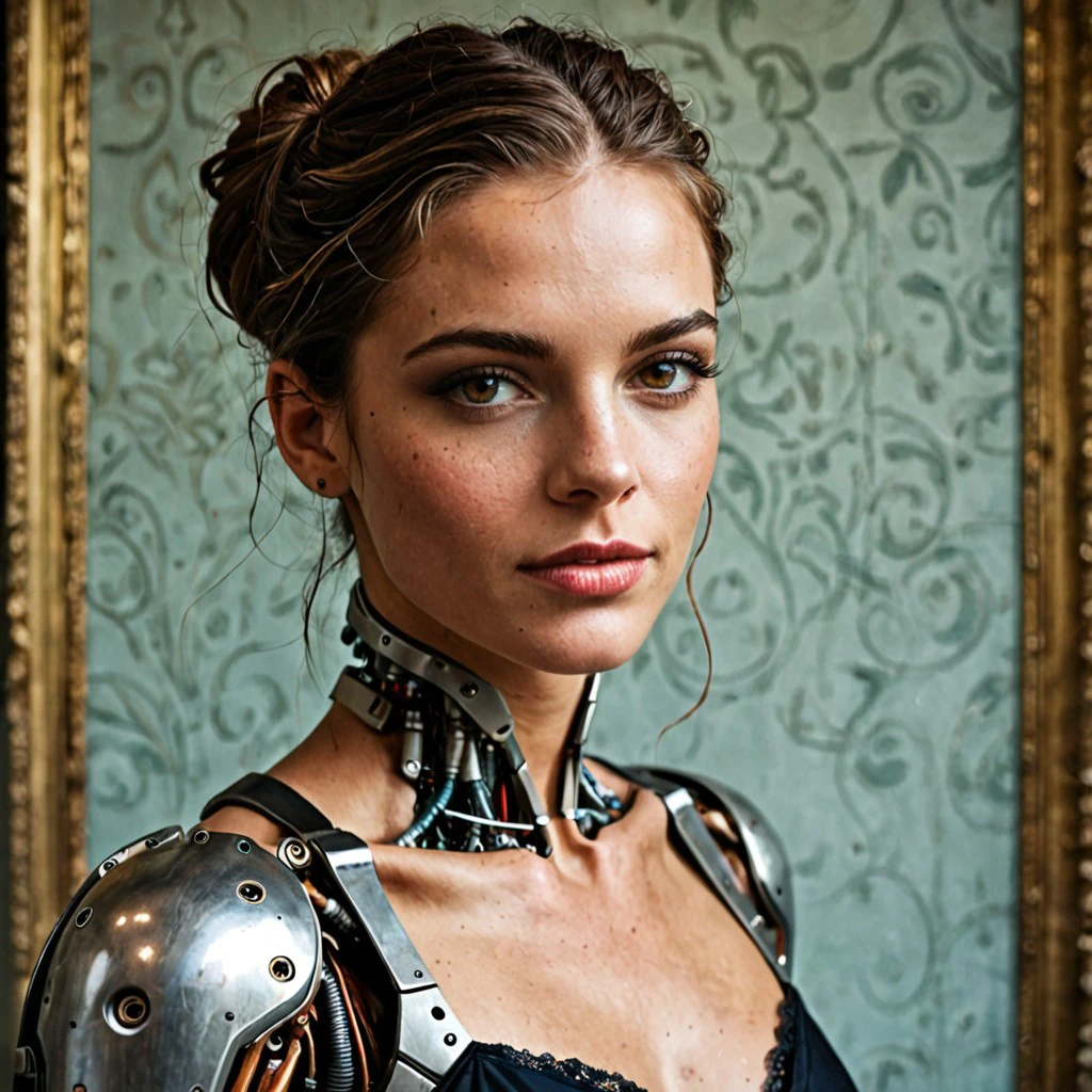 score_9, score_8, score_7, Scandinavian young 18 years old (female cyborg with visible metal and electric parts:1.2), hi-tech, 8K full-length portrait photo, vintage fashion style, centered, intricate, elegant, highly detailed, smooth, sharp focus, soft co...