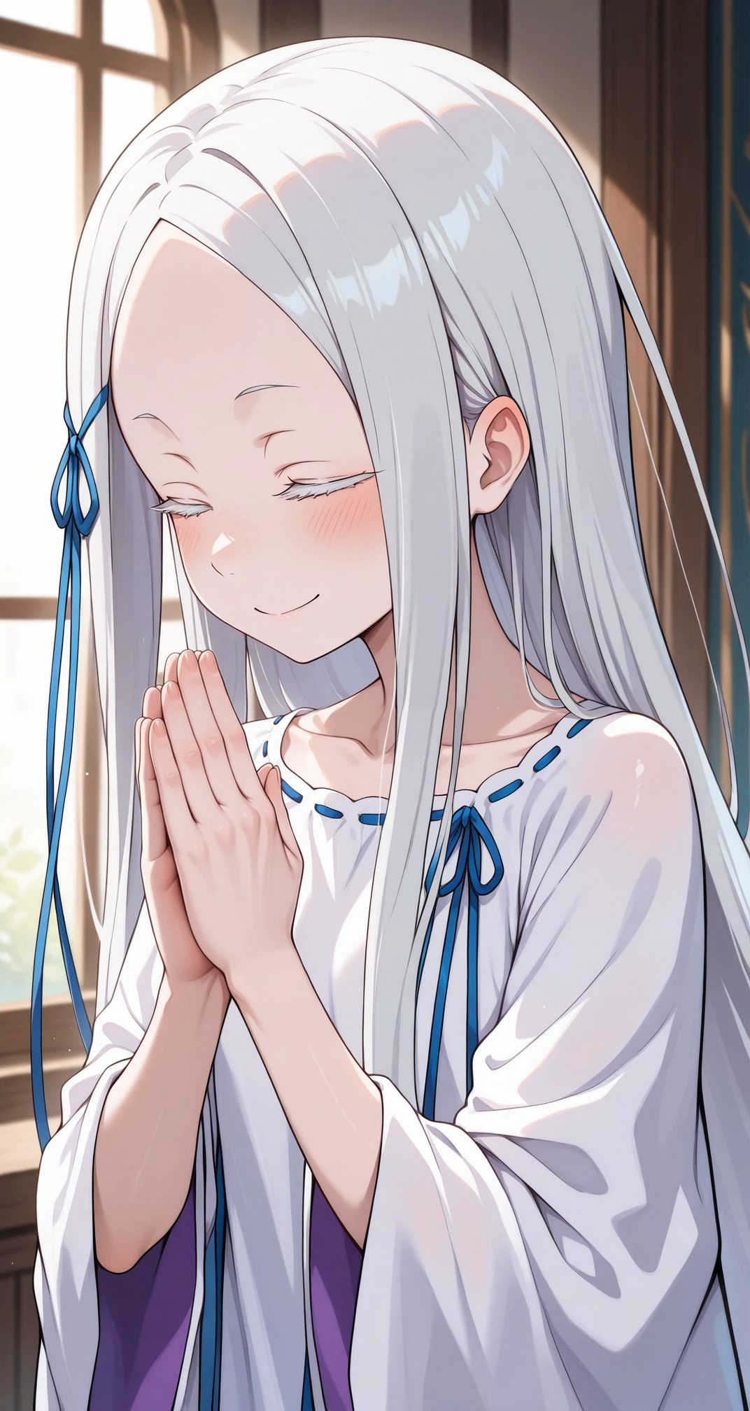 (masterpiece, best quality), amazing quality, very aesthetic, absurdres,
1girl, pandora\(re:zero\), re:zero kara hajimeru isekai seikatsu, blush, praying, smile, closed eyes <lora:Pandora:1> 1girl, white hair, forehead, long hair, collarbone, parted bangs, hair ribbon, blue eyes, blue ribbon