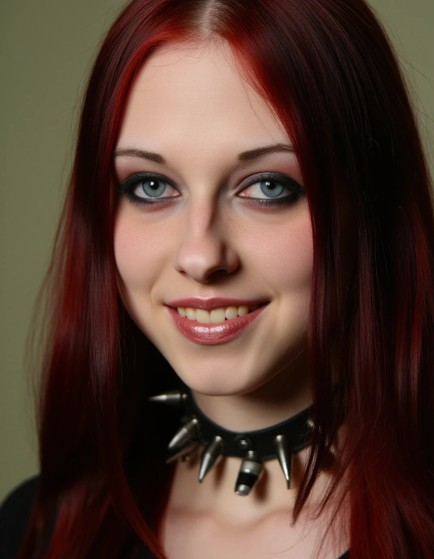 a photo of a petite girl lizvicious , she has long dark red hair in an emo style with blue eyes and freckles,  she has makeup on and is wearing a spiked collar, she is smiling with delicate soft pale skin, <lora:lizvicious_flux:1>, <lora:young_age_FLUX_r1:...