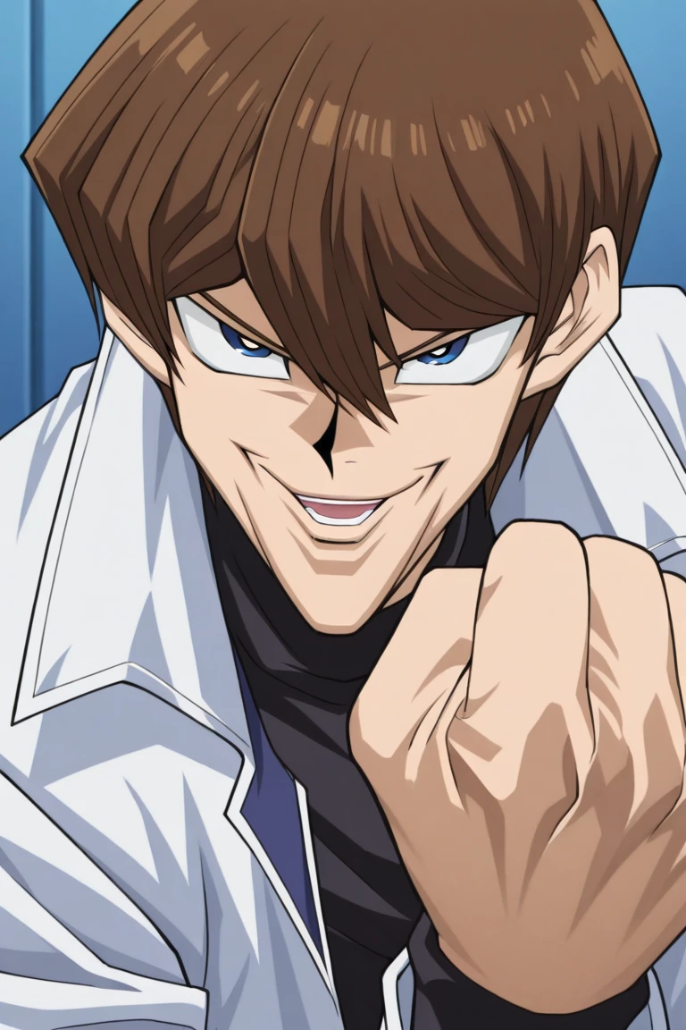 masterpiece, best quality, amazing quality, very aesthetic, absurdres, newest,Anime screencap
 Joey_Chin_A, Hand up, LOOKING AT VIEWER, CLENCHED HAND, PORTRAIT, male focus, smile, open mouth seto kaiba, blue eyes, brown hair, white coat, black collared shirt, long sleeves