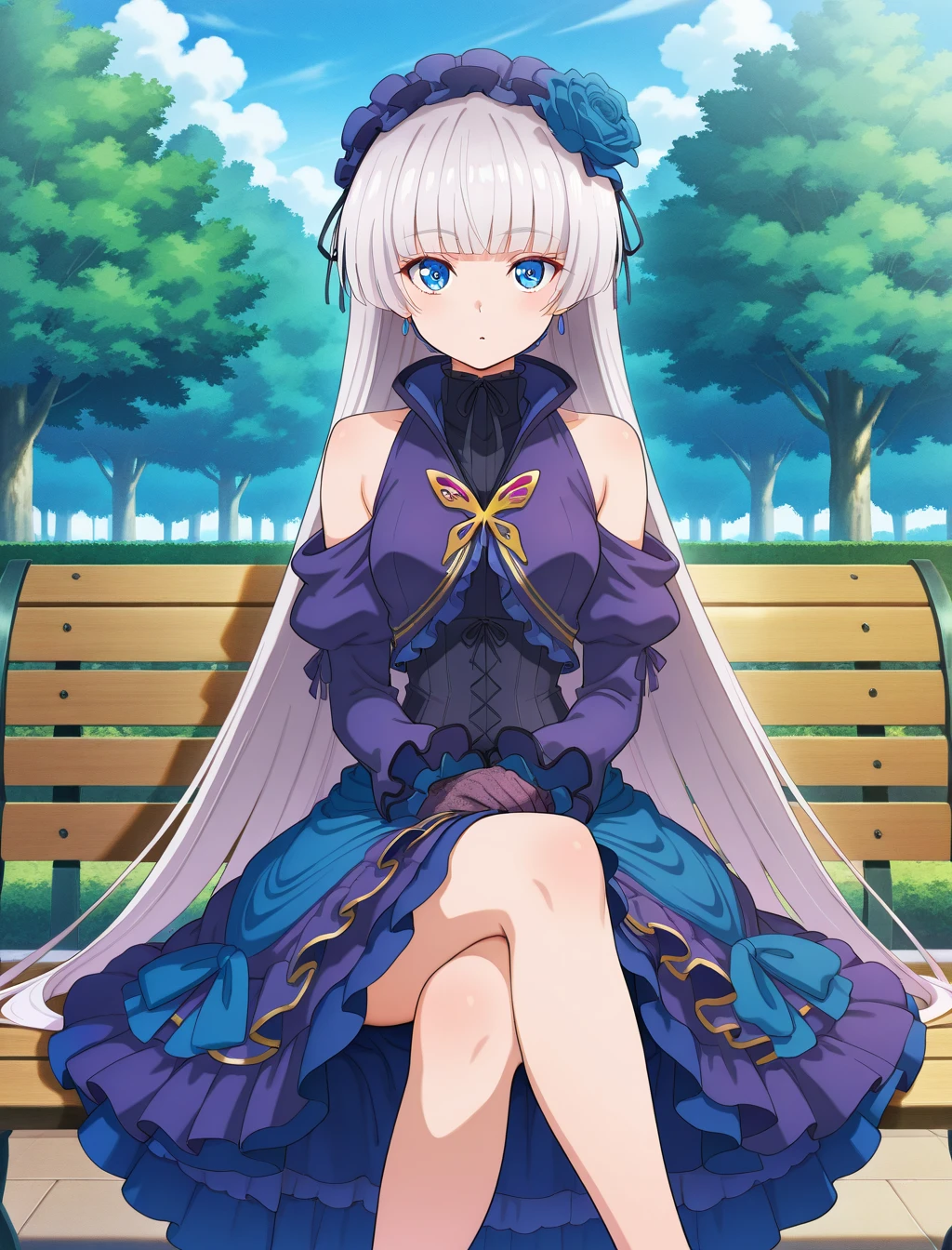 (masterpiece) ,best quality,amazing quality,very aesthetic,absurdres,newest, anime style, BREAK fantastical quality, anime style, newest anime style, Odette, park, sitting on bench, crossed legs