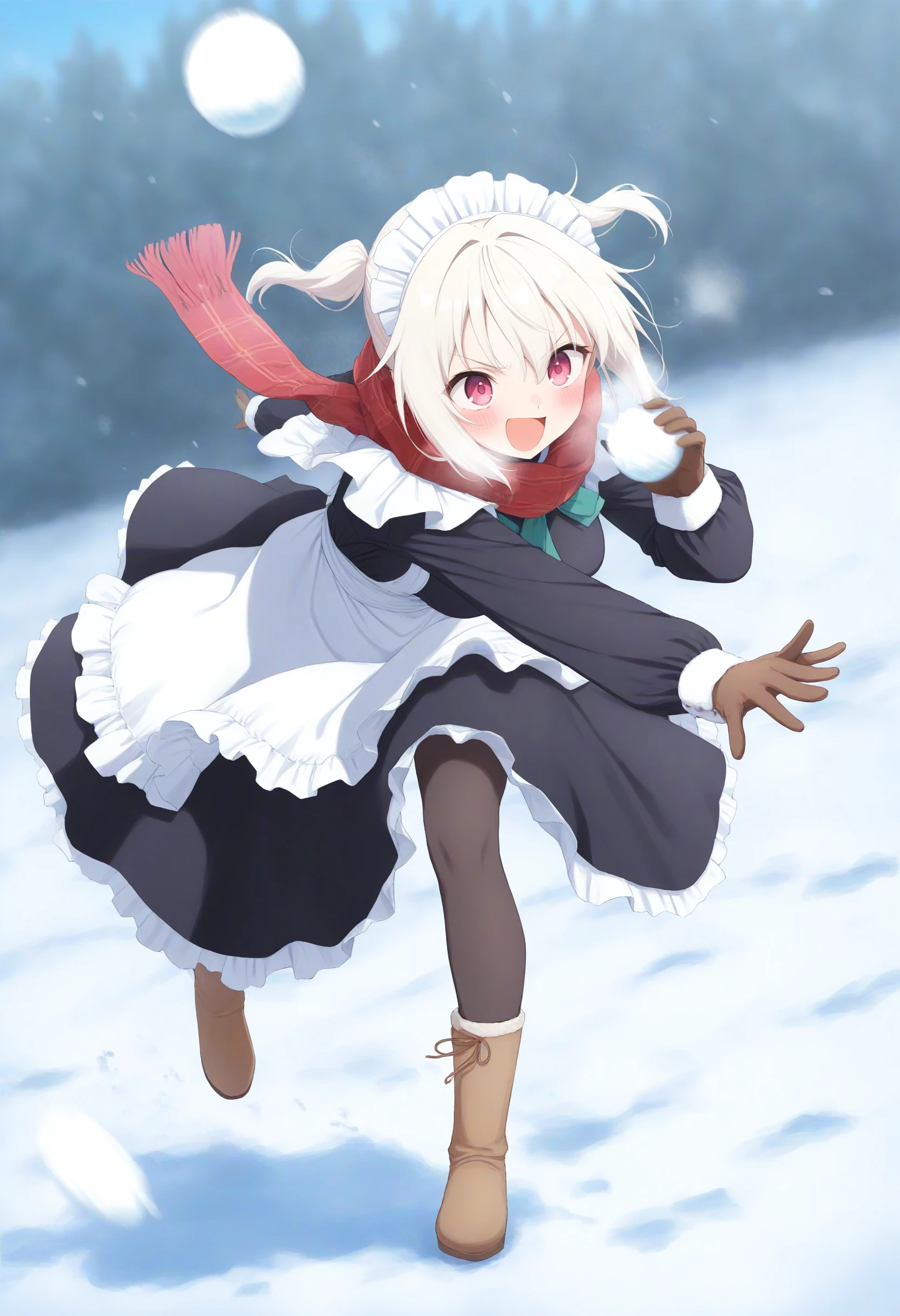 1girl,(sho \(sho lwlw\):0.7),(toosaka asagi:0.5),(sincos:0.3),solo,
masterpiece, best quality, newest, absurdres, CG, anime, source anime, illustration,
maid, maid headdress,medium breasts,
snowball fight, snowball, snow, snowing, outdoors,
winter, winter clothes, open coat, boots, gloves,  coat,  scarf, long sleeves, blush, breath,
throwing, outstretched arms, standing, standing on one leg, leg up,  spread arms, outstretched arm, blurry foreground, leaning forward, motion blur,  <lora:snowballfight_Illust_v1:0.8>
dutch angle, full body, looking ahead, white hair, pink eyes,teasing smile, open mouth, single hair,