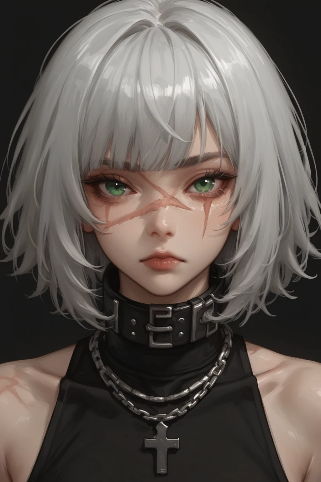 1girl, 1girl,solo,looking at viewer, short hair, bangs, simple background, bare shoulders, jewelry, ,closed mouth, green eyes, white hair, grey hair, medium hair, necklace, collar, scar, black background, portrait,, scar on face, scar across eye, covered c...