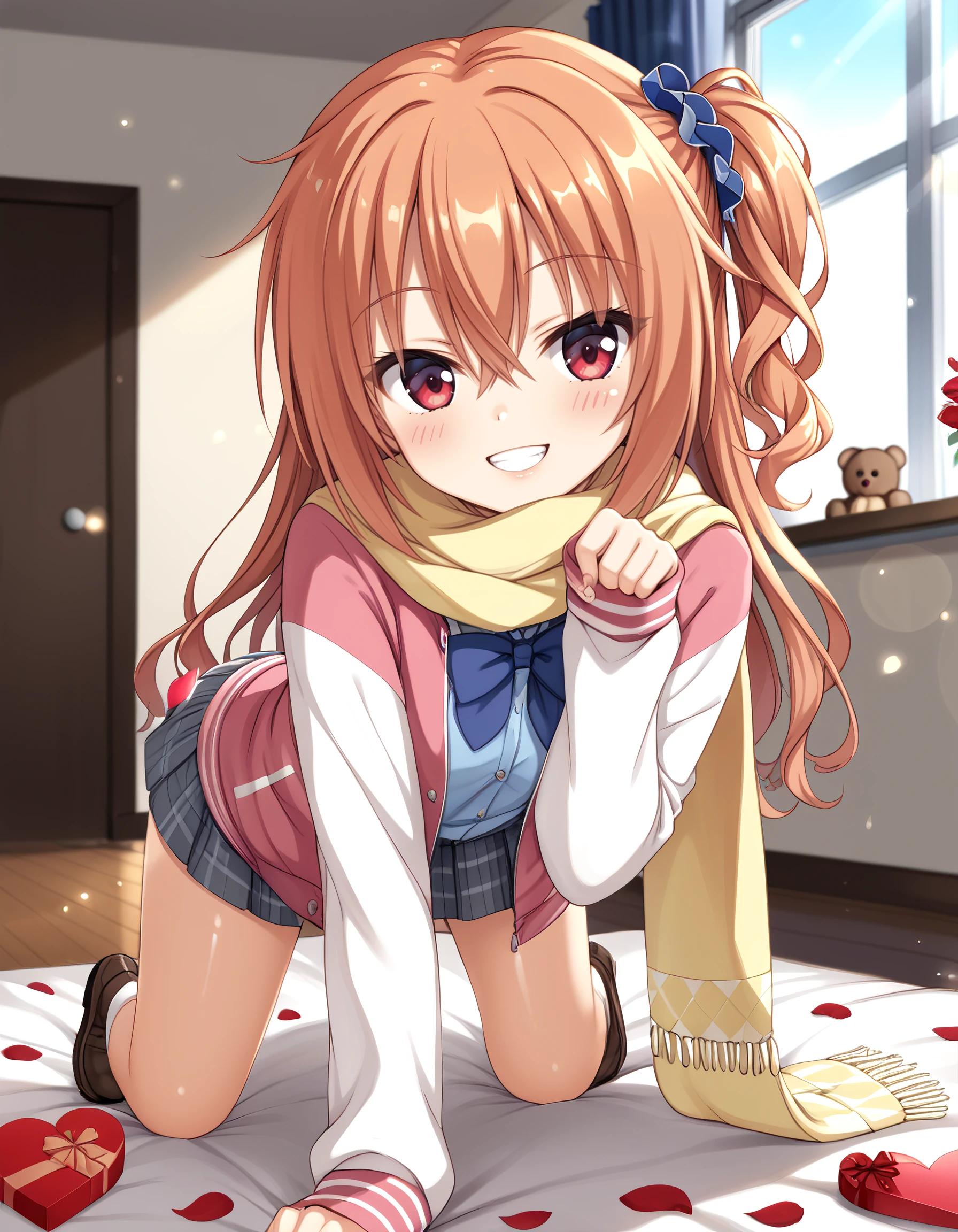 <lora:inaba_meguru:1> inaba_meguru, orange_hair, long_hair, hair_between_eyes, hair_ornament, red_eyes, eyelashes, blue_scrunchie, bow, long_sleeves, jacket, skirt, scarf, 1girl, solo, shiny_skin, all_fours, indoors, valentines_day, flower_petals, bokeh, f...