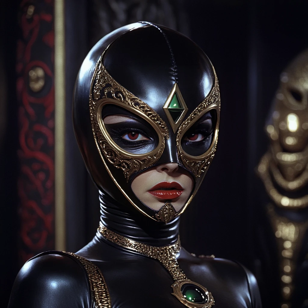 <lora:70sSci-FiMovieSDXL:1> ArsMovieStill, movie still from a 1970s technicolor Sci-Fi movie, The image is a close-up of a woman's face and upper body. She is wearing a futuristic-looking mask with a metallic green color and a black and gold color scheme. The mask has a triangular shape with a pointed nose and a large eye hole in the center. The eyes are covered with a black mask that covers the entire face. The woman's lips are painted a deep red color and her eyebrows are furrowed. She has a choker necklace around her neck and is wearing black leather pants with gold accents. The background is blurred but it appears to be a dark and ornate setting with gold-colored objects. The overall mood of the image is dark and mysterious., 1girl, solo, mask, makeup, bodysuit, lipstick, looking at viewer, shiny, blurry, red lips