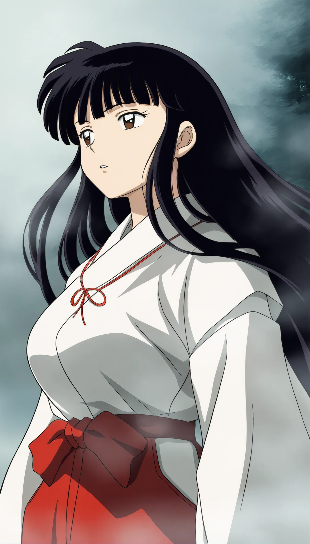 masterpiece,best quality,amazing quality,<lora:kikyoIL:1>,
oykik,
1girl, solo, black hair, bangs, long hair, brown eyes, looking to the side, parted lips, miko outfit, red ribbon necklace, red hakama, upper body, from below, outdoors, fog
soft lighting,