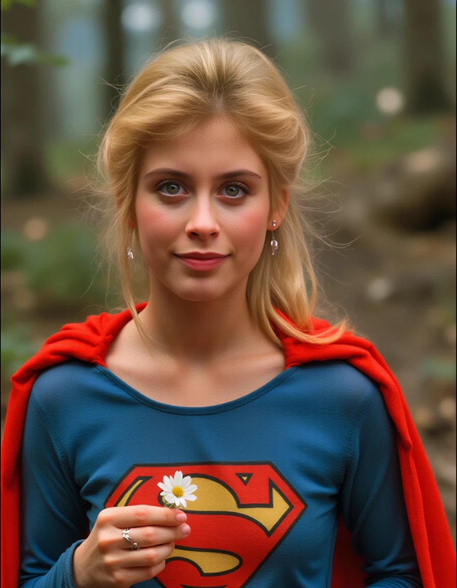 <lora:h3lenslat3rv-1:1.4>,The image shows a young woman with blonde hair, wearing a tight blue and red realistic Superman costume. She is holding a small white flower in her right hand and is looking directly at the camera with a slight smile on her face. The background is blurred, but it appears to be a wooded area with trees and foliage. The overall mood of the image is cheerful and playful.