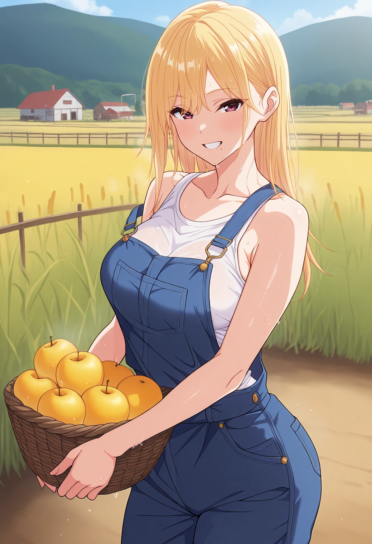 masterpiece, best quality, 1girl,
<lora:Haruka_Nanase_Seiyoku_Tsuyotsuyo_IL_V1:1>, KJOharuka, blonde hair, dark purple eyes, mole under mouth, long hair,
blue overalls, off shoulder, tank top, 
very sweaty, smile, teeth, standing, holding fruit basket, looking at viewer, 
farm, day, 
(Beautiful, medium Breasts:1.2),