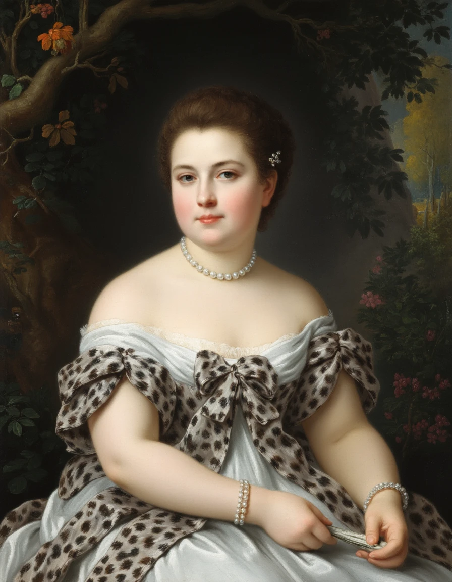 FS. This is a detailed, realistic oil painting in the Rococo style, likely from the 18th century, featuring a young woman. The woman is portrayed seated outdoors, surrounded by a lush natural setting with a tree and foliage on the left side. She has pale skin, light brown hair styled in a loose, slightly messy updo adorned with a small flower. Her facial expression is serene, with a gentle, slightly melancholic gaze. She is dressed in an off-the-shoulder, white draped gown that reveals her shoulders and décolletage, showcasing a modest, elegant attire typical of the period. 
Her dress is draped with a leopard print, adding an exotic and luxurious touch to her attire. <lora:Former_Splendor:1>