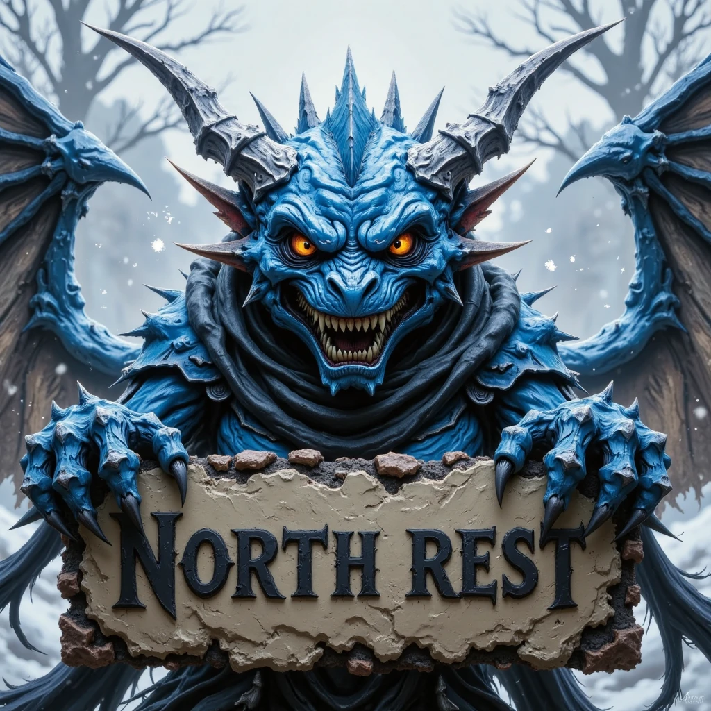 a vibrant blue dragon-like creature, adorned with sharp horns. The creature's face is adorned with bright orange eyes, sharp teeth, and sharp claws. Its mouth is open, revealing sharp teeth. Its arms are wrapped around the sign, adding a touch of warmth to the scene. The background is blurred, creating a stark contrast to the creature.,north_rest, warrior