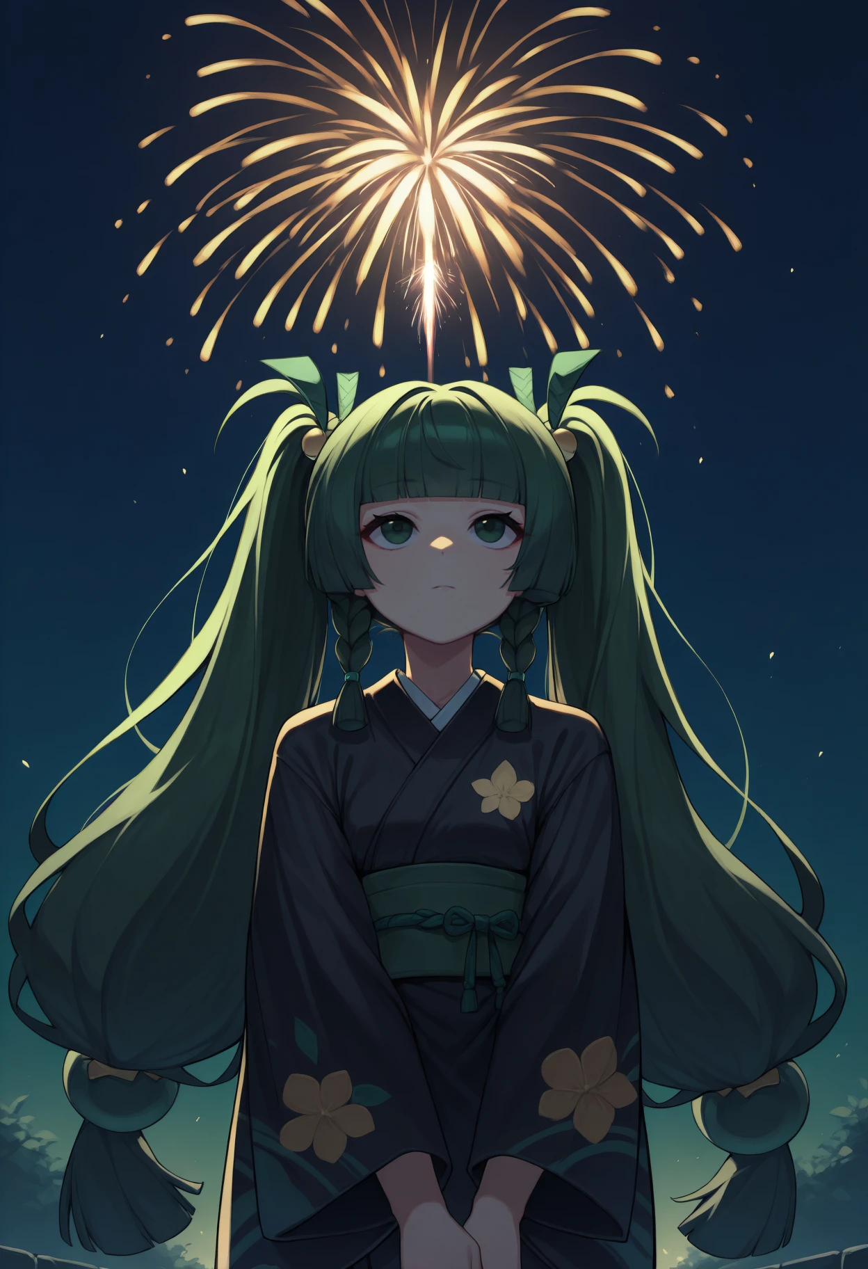 anime, masterpiece, best quality, <break> solo, 1girl, q1ngyi, expressionless, closed mouth, looking up, v arms, long hair, green hair, blunt bangs, twintails, twin braids, hair ornament, green eyes, japanese clothes, black kimono, floral print kimono, wide sleeves, green sash, obi, outdoors, night, fireworks, backlighting
<segment:yolo-Anzhc Face seg 640 v2 y8n.pt,0.4,0.5//cid=1>