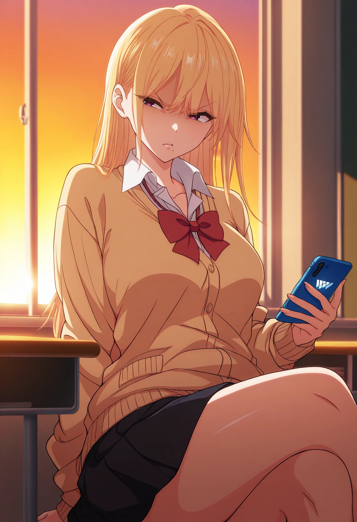 masterpiece, best quality, 1girl, 
<lora:Haruka_Nanase_Seiyoku_Tsuyotsuyo_IL_V1:1>, KJOharuka, blonde hair, dark purple eyes, mole under mouth, long hair, 
school uniform, beige cardigan, red bowtie, black skirt, 
sitting, crossed legs, disgust, v-shaped eyebrows, holding phone, looking to the side, 
classroom, desk, windows, sunset,
(Beautiful, medium Breasts:1.2),