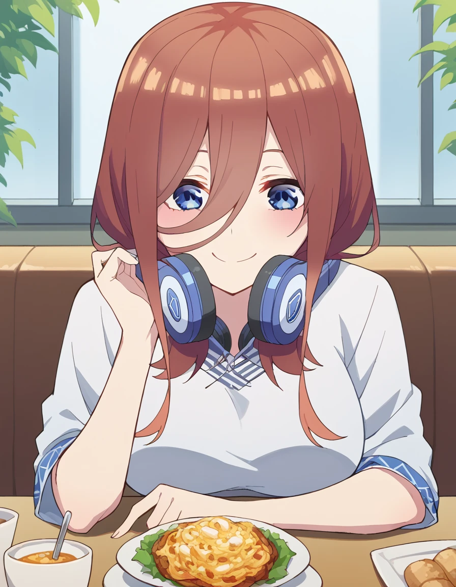 score_9, score_8_up, score_7_up, source_anime, <lora:miku-nakano-s2-ponyxl-lora-nochekaiser:1>, miku nakano, long hair, bangs, blue eyes, brown hair, hair between eyes, headphones, headphones around neck, large breasts,, <lora:pov-across-table-ponyxl-lora-nochekaiser:1> pov across table, pov dating, restaurant, table, meal, care, cup, head rest, smile, elbow on table, food, elbow rest, ,