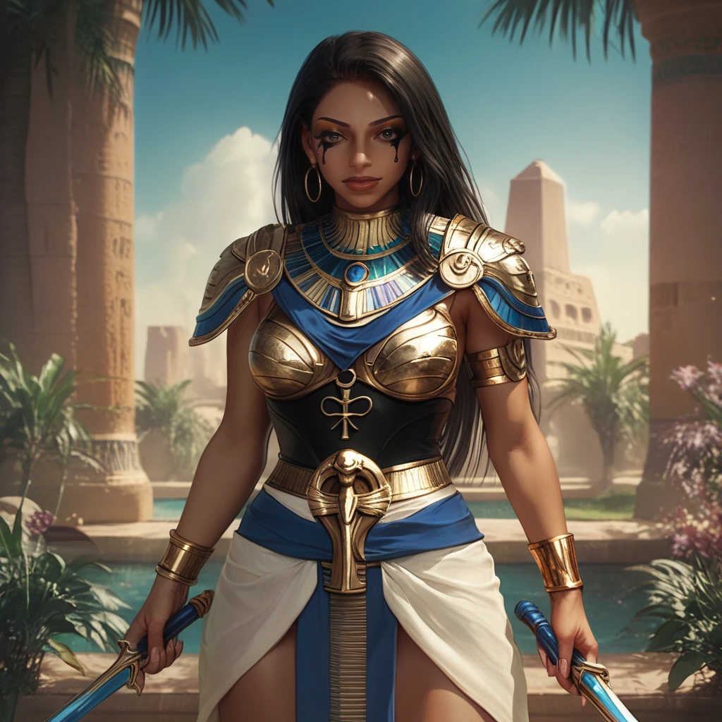 score_9, score_8_up, score_7_up, source_anime, professional photograph of Saleka woman, she's an egyptian warrior, shoulder armor, egyptian makeup, egyptian bronze armor, chest armor, bracelets, standing in front of the Egyptian pyramids, long hair, dark skin, looking at the viewer  <lora:Saleka Pony:1>  <lora:PonyFantasyWarriorsEgypt:0.75> hkwarrior