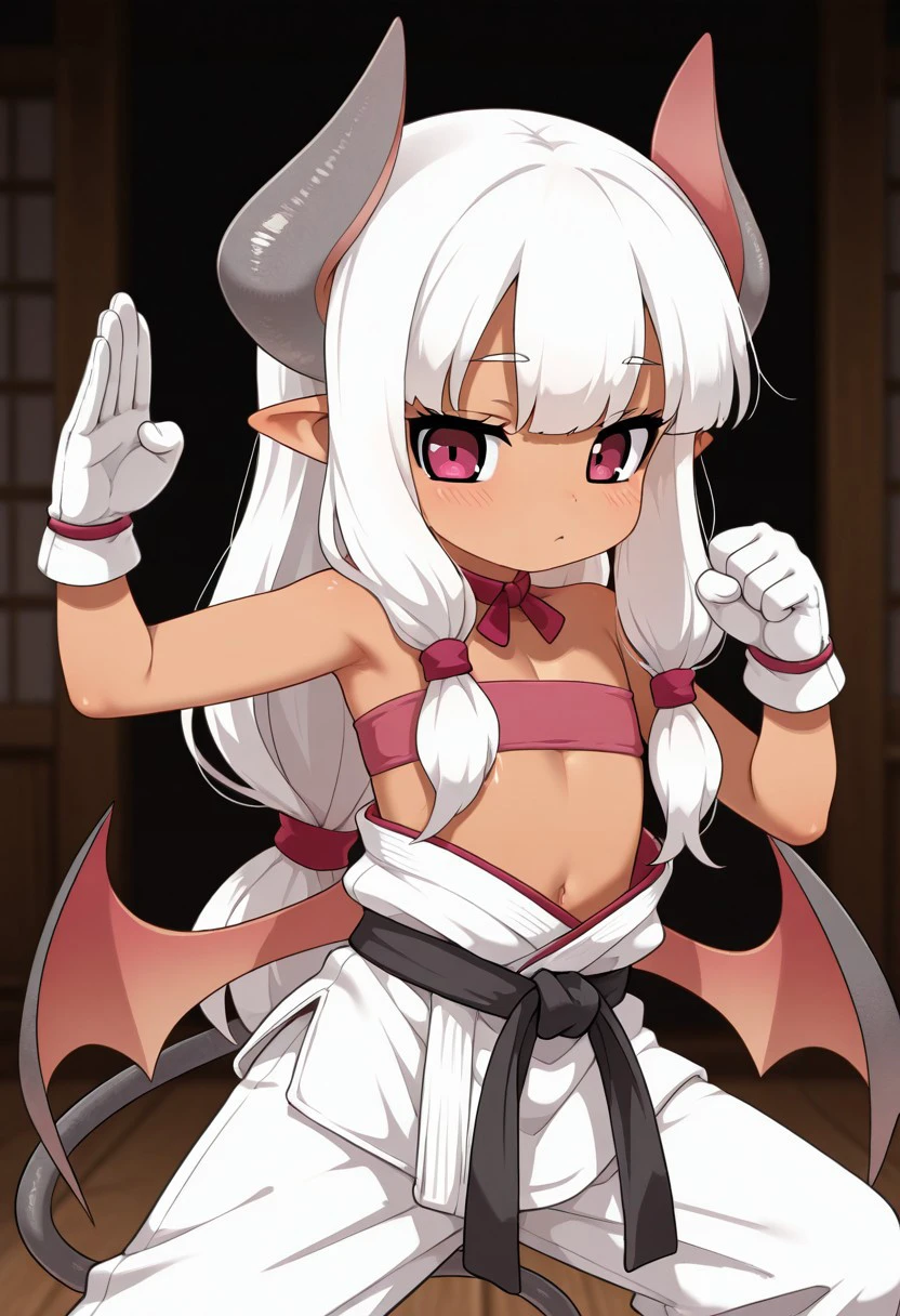 1girl, solo, Rumi, white hair, sidelocks, long hair, low tied, imp girl, demon girl, pink eyes, low wings, bat wings, demon tail, pointy ears, horns, dark skin, white gloves, flat chest, karate dogi,
flat chest, martial arts, fighting stance,
masterpiece, best quality,amazing quality, very aesthetic, absurdres, depth of field, blurry background, dark, extremely detailed face, detailed eyes, dark colors