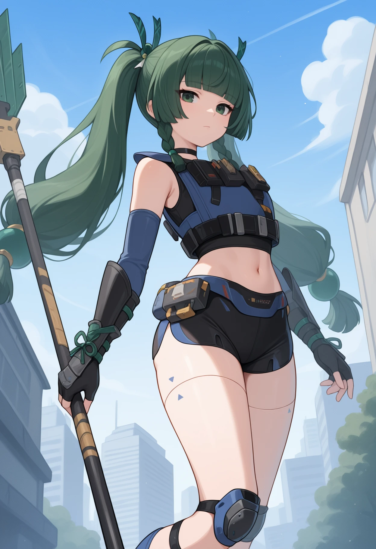 masterpiece, best quality, <break> solo, 1girl, q1ngyi, robot joints, expressionless, looking at viewer, standing, holding polearm, long hair, green hair, blunt bangs, twintails, twin braids, hair ornament, green eyes, tactical clothes, crop top, black gloves, elbow gloves, fingerless gloves, black shorts, short shorts, knee pads, black choker, stomach, navel, outdoors, blue sky, cloud, city street
<segment:yolo-Anzhc Face seg 640 v2 y8n.pt,0.4,0.5//cid=1>