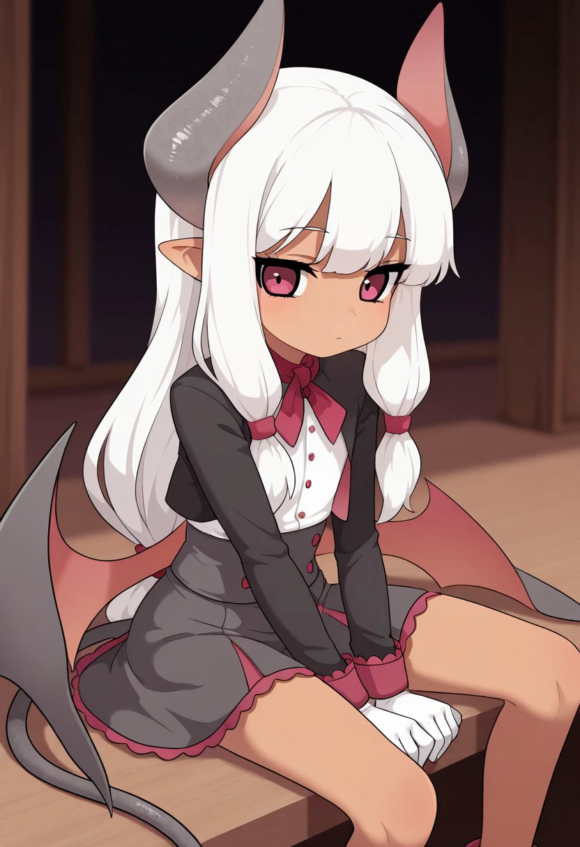 1girl, solo, Rumi, white hair, sidelocks, long hair, low tied, imp girl, demon girl, pink eyes, low wings, bat wings, demon tail, pointy ears, horns, dark skin, white gloves, black jacket, skirt, flat chest, expressionless, looking at viewer, white shirt dynamic pose, sitting,
masterpiece, best quality,amazing quality, very aesthetic, absurdres, depth of field, blurry background, dark, extremely detailed face, detailed eyes, dark colors