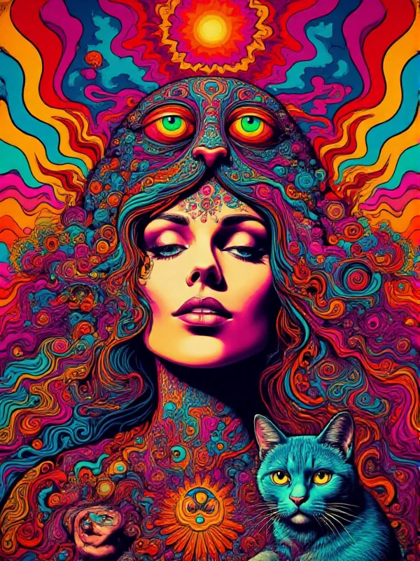<lora:Psychedelic_style:0.9> psychedelic style, a woman and a cat