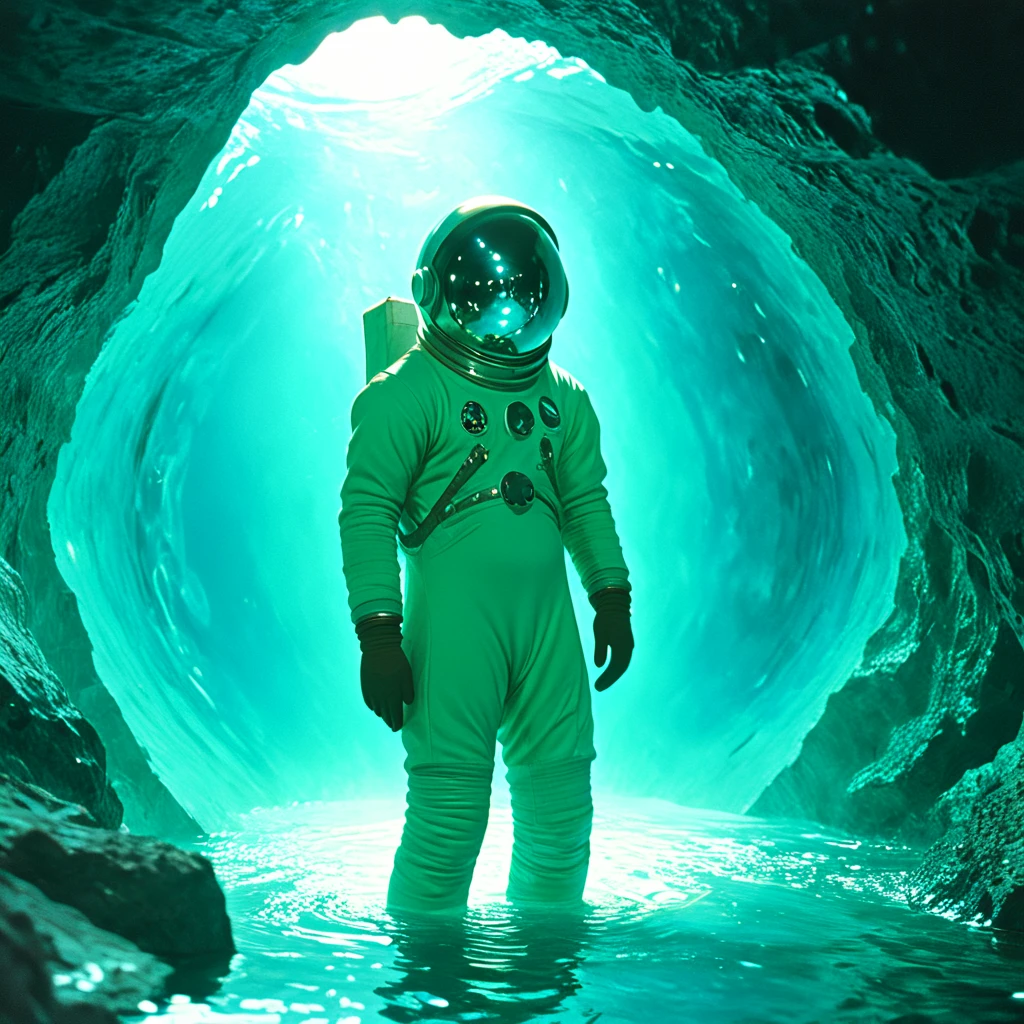 <lora:70sSci-FiMovieSDXL:1> ArsMovieStill, movie still from a 1970s technicolor Sci-Fi movie, The image shows an astronaut standing inside a cave. The astronaut is wearing a full-body suit with a helmet and gloves. The cave is dark and rocky with a light at the end of the tunnel. The water is a deep blue-green color and appears to be reflecting the light from the ceiling. The overall mood of the image is mysterious and awe-inspiring., spacesuit, astronaut, solo, water, space helmet, wading, 1other, standing, ambiguous gender, helmet