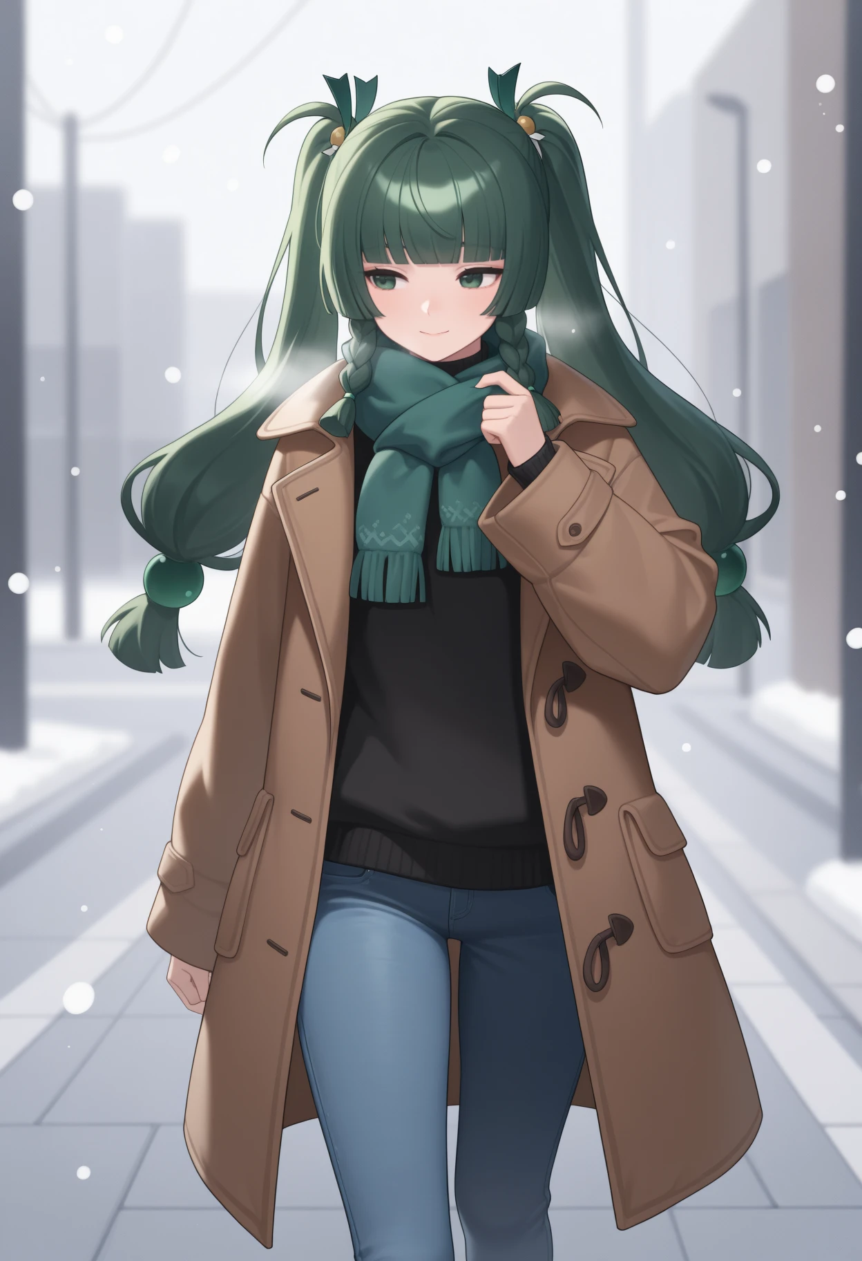 masterpiece, best quality, <break> solo, 1girl, q1ngyi, slight smile, closed mouth, looking away, walking, long hair, green hair, blunt bangs, twintails, twin braids, hair ornament, green eyes, winter clothes, brown coat, open coat, long sleeves, black sweater, jeans, scarf, outdoors, snowing, sidewalk
<segment:yolo-Anzhc Face seg 640 v2 y8n.pt,0.4,0.5//cid=1>