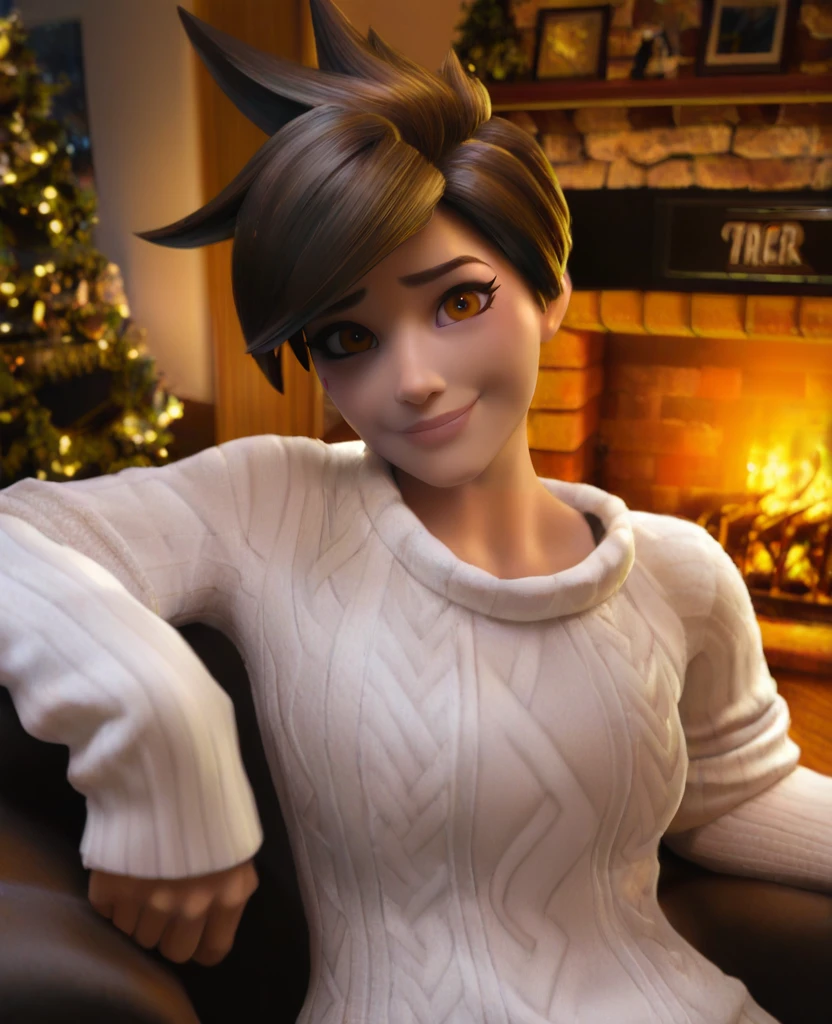 masterpiece, best quality, amazing quality, highres, absurdres, intricate detail, 3d, realistic, very aesthetic, scenery, cinematic, <lora:Overwatch_Cinematic_ILLUS_4_LAST-000008:0.8> , 1girl, portrait, smile, looking at viewer, tracer \(overwatch\), white sweater, upper body, arm rest, leaning to the side, indoors, living room, chair, fireplace, dim lights