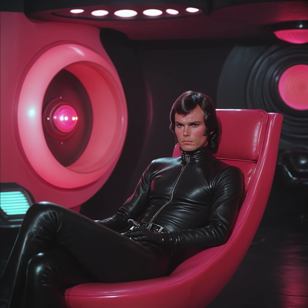 <lora:70sSci-FiMovieSDXL:1> ArsMovieStill, movie still from a 1970s technicolor Sci-Fi movie, The image shows a man sitting on a red armchair in a room with pink walls and circular lights. The man is wearing a black leather outfit with a high collar and long sleeves. He has dark hair and is looking off to the side with a serious expression on his face. The chair has a round base and is placed on a black pedestal. The room appears to be a futuristic or sci-fi setting with a futuristic design., solo, sitting, latex, 1boy, male focus, leather, black bodysuit, chair, bodysuit, realistic