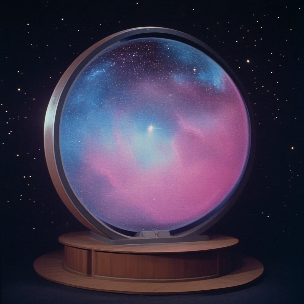 ArsMovieStill, movie still from a 1970s technicolor Sci-Fi movie, The image is a photograph of a large spherical object that appears to be a telescope or a telescope. The object is placed on a wooden platform with a dark background. The focal point of the image is the large circular object which is illuminated with a blue and pink nebula-like light. The nebula is surrounded by small white dots creating a starry night sky. The colors of the nebula are predominantly blue pink and purple with hints of white and yellow. The image is taken from a low angle looking up at the object from a distance., no humans, star (sky), scenery, night, sky, starry sky, night sky, window, plant, table