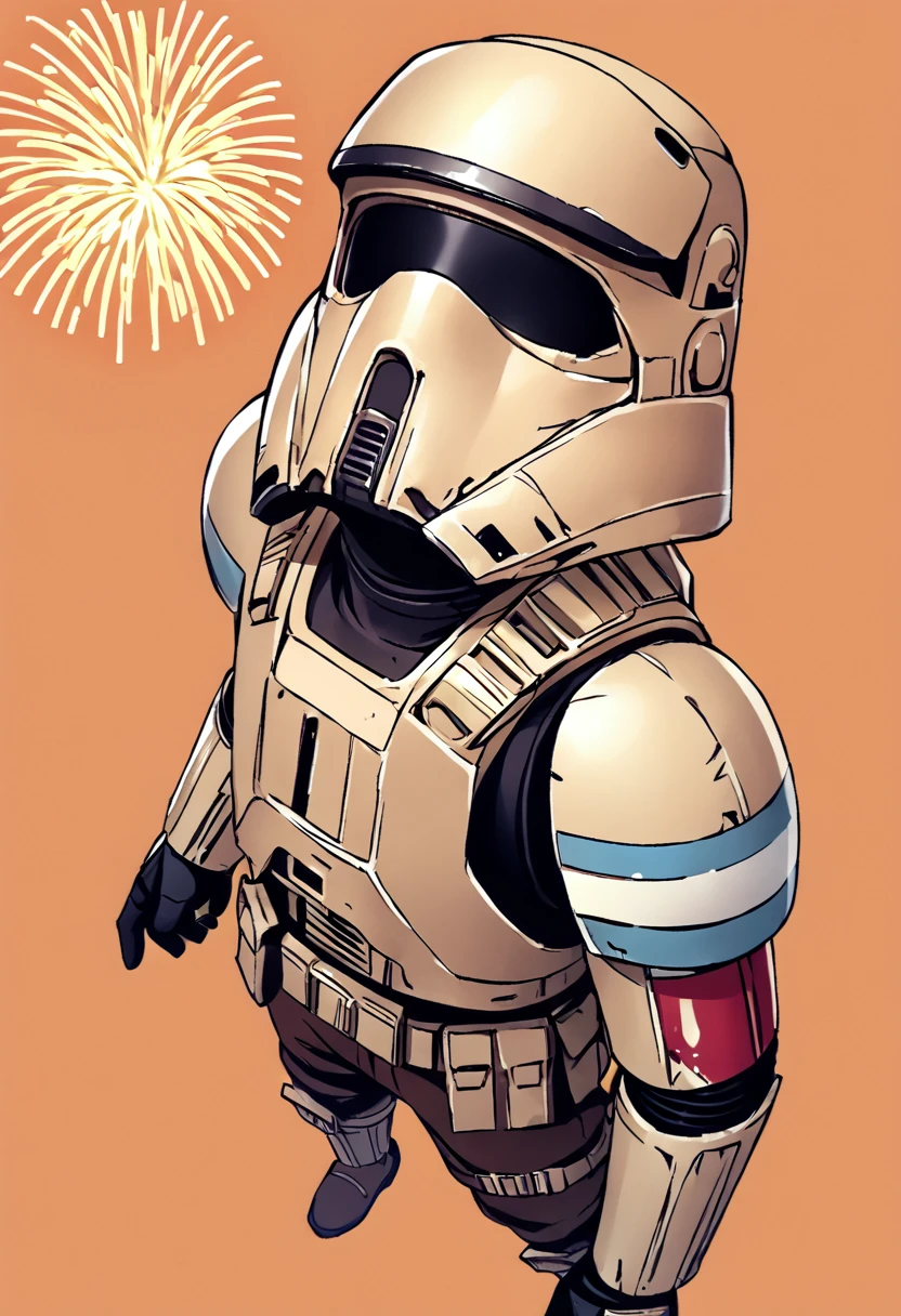 <lora:shoretrooper-pxl:1> shoretrooper-pxl, shore trooper, solo, cropped legs, orange background simple background, yellow fireworks, animal hood, Leg belt, , head back, from above, score_9, score_8_up, score_7_up, score_6_up, score_5_up, score_4_up, source_anime, no eyes