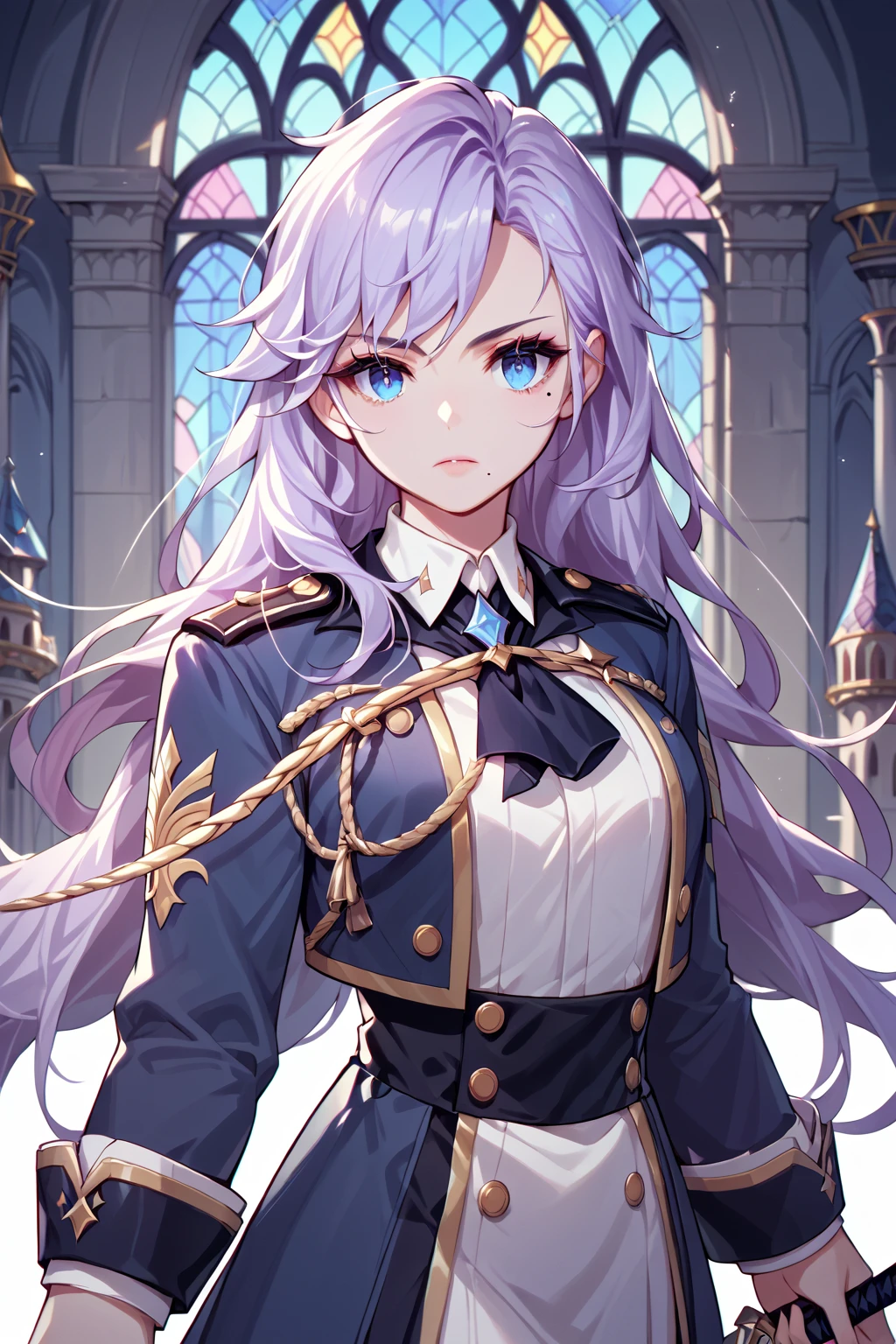 score_9, score_8_up, score_7_up, score_6_up, score_5_up, score_4_up, <lora:Edel - Grand Chase:1>  GCEdel, blue eyes, pastel purple hair, long hair, beauty mark, uniform, holding weapon, fencing foil,  castle background