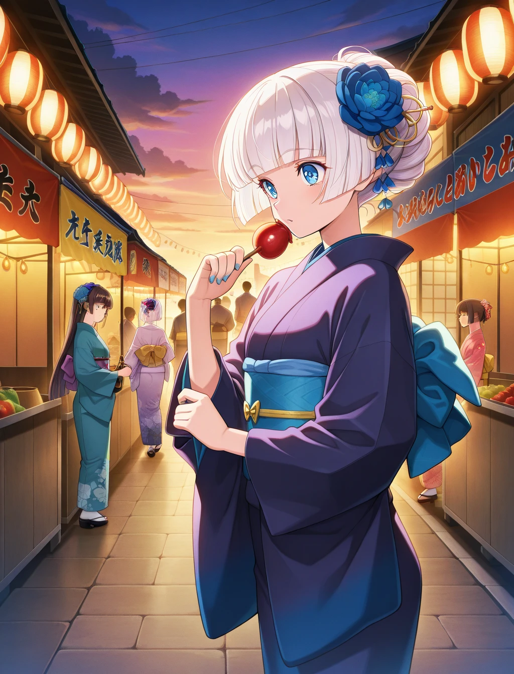 (masterpiece) ,best quality,amazing quality,very aesthetic,absurdres,newest, anime style, BREAK fantastical quality, anime style, newest anime style, Odette, kimono, festival