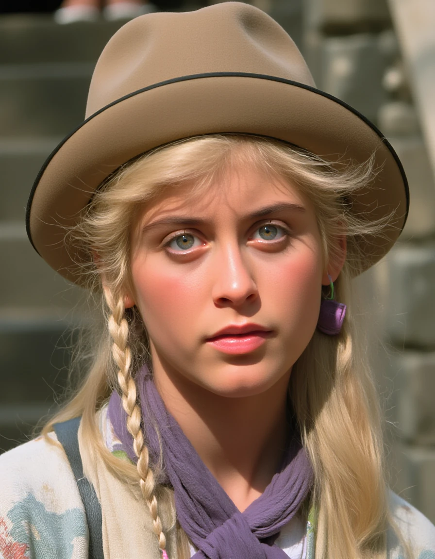 <lora:h3lenslat3rv-1:1.4>,The image is a close-up portrait of a young woman with blonde hair. She is wearing a beige hat with a wide brim and a purple scarf around her neck. Her hair is styled in two braids that are pulled back in a braid-like manner. She has a serious expression on her face and is looking directly at the camera. The background is blurred, but it appears to be an outdoor setting with a stone wall and stairs.