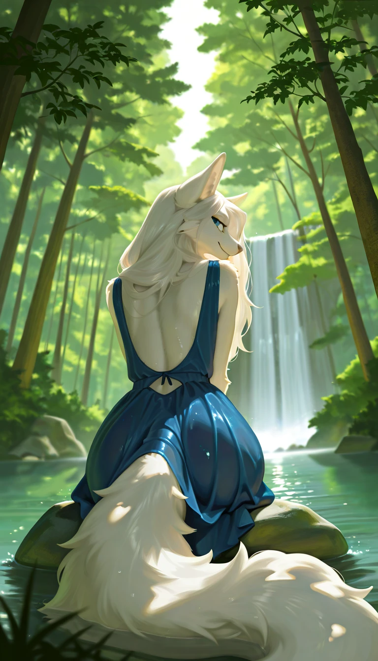 masterpiece, best quality, amazing quality, very aesthetic, high resolution, ultra-detailed, absurdres, newest, scenery, silver anthro furry canine female sitting on the stone in the middle of lake, waterfall, nature, forest, sacred place, clothed, blue dress,water around, white long hair, wet fur, back,looking back at viewer, ears, long fluffy tail, depth of field, light smile, face focus, dutch angle, from below, wide shot, post impressionism, classic, backlit, rim light, dappled sunlight, BREAK, eyes, detailed eyes, detailed hair, depth of field, detailed fluffy fur, photorealistic details, masterpiece, best quality, amazing quality, very aesthetic, high resolution, ultra-detailed, absurdres, newest, scenery, volumetric lighting