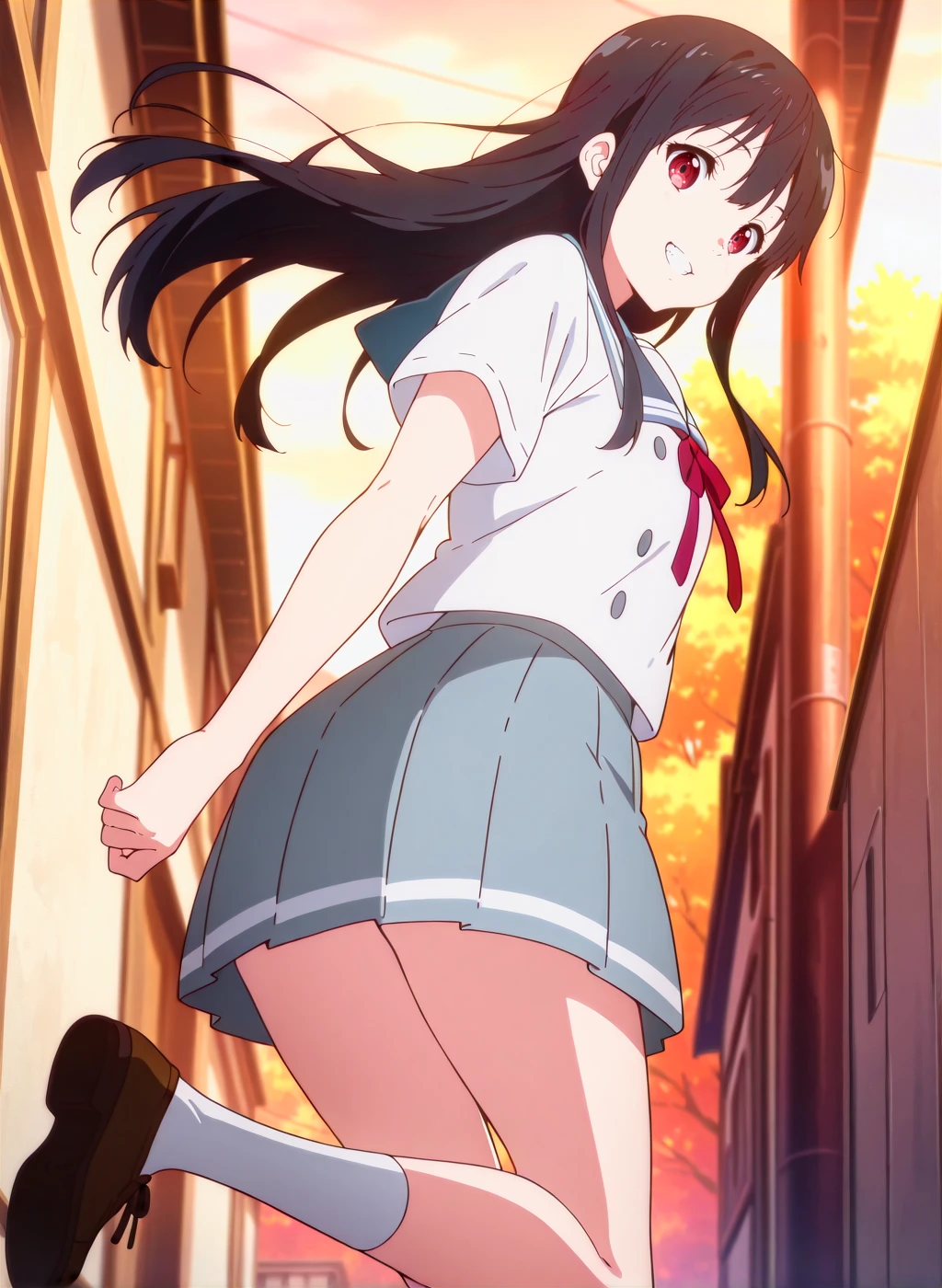 anime,High quality,Ultra detailed,best quality,insanely detailed,beautiful,masterpiece,prefect lighting BREAK
outdoor,<lora:nase_mitsuki_V1_IL:1>,(nase_mitsuki, kyoukai_no_kanata,long hair, black hair, red eyes,),(school uniform,blue sailor collar,grey skirt,neck ribbon,pleated skirt,sailor collar,serafuku,shirt,shoes,short sleeves,white shirt,socks),1girl,solo,grin,looking_back,from behind,,looking_at_viewer,