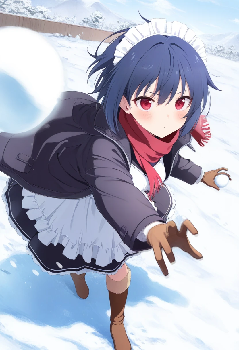 1girl,(sho \(sho lwlw\):0.7),(toosaka asagi:0.5),(sincos:0.3),solo,
masterpiece, best quality, newest, absurdres, CG, anime, source anime, illustration,
maid, maid headdress,medium breasts,
snowball fight, snowball, snow, snowing, outdoors,
winter, winter clothes, open coat, boots, gloves,  coat,  scarf, long sleeves, blush, breath,
throwing, outstretched arms, standing, standing on one leg, leg up,  spread arms, outstretched arm, blurry foreground, leaning forward, motion blur,  <lora:snowballfight_Illust_v1:0.8>
from above, full body, looking at viewer, blue hair, red eyes,expressionless, closed mouth, side hair,