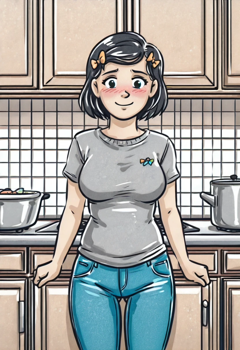 <lora:Waxy__blue_heeler:0.8>, waxy1, smile,  sexy, blush, standing, kitchen background, large breasts, short hair, jeans, bows